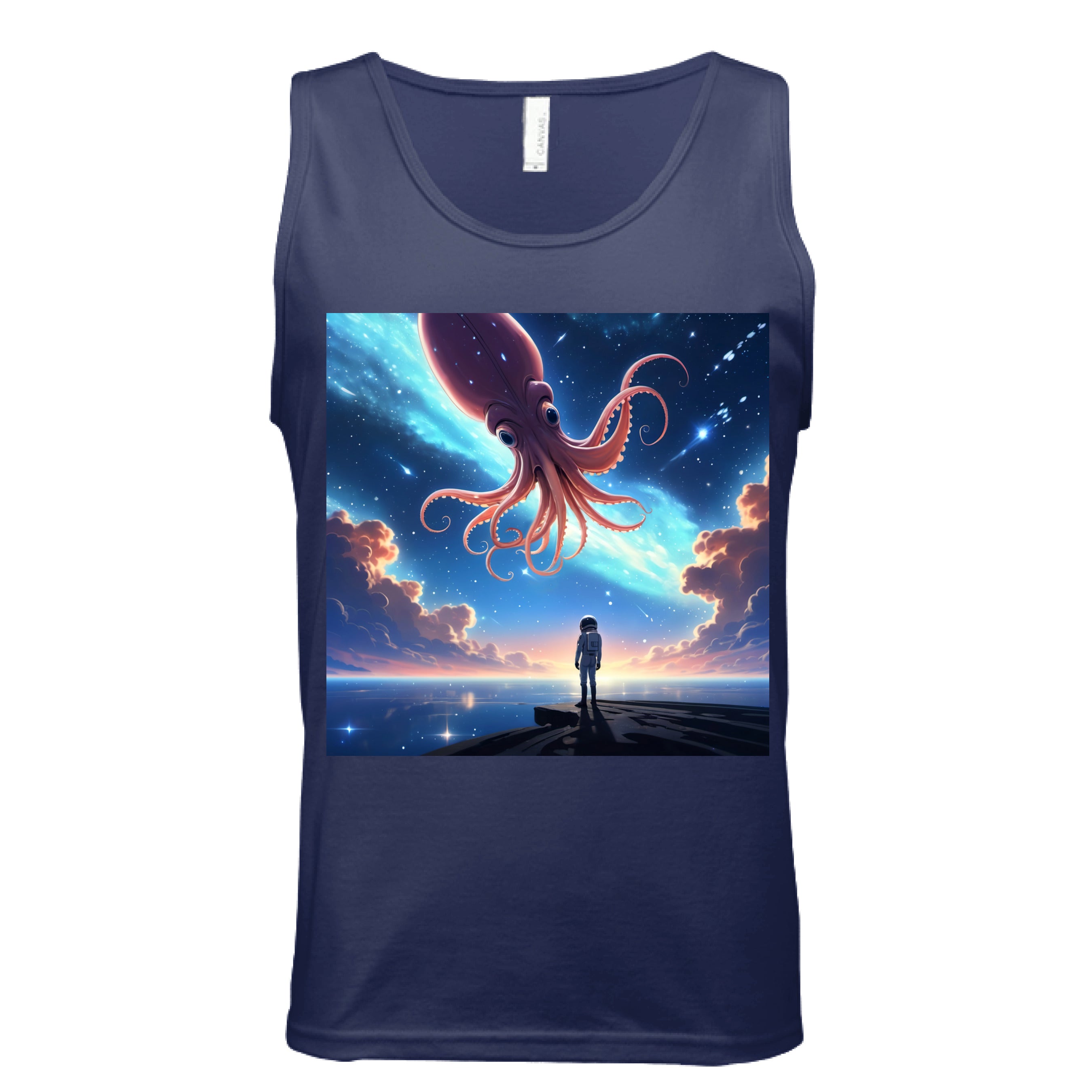 This is the Navy Star Maker Tank by Lee Hansheng Studios. This is showcasing the front. The illustration features a lone astronaut in white, standing on a dark surface gazing at a pink octo-squid alien, drifting through a sky. The sky is alive with stars, nebulae, and clouds. The clouds are drifting up at the right and left with pink/blue hues. The sky is a light blue and the drifting stars behind the animal is a light blue. It is against a white background. 
