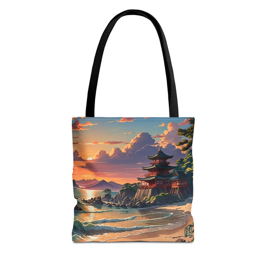 This is the Navy 13" x 13" Temple of Peace All-over Print Tote Bag by Lee Hansheng Studios.The illustration shows a setting red/orange sun above clouds,two blue roof,brown/red walled temples on the right on top of the hills,mountains,blue/white waves into sand and a forest to the right.On the bottom right corner is the logo printed in black for the studio and outlined in blue. The tote is against a white background.