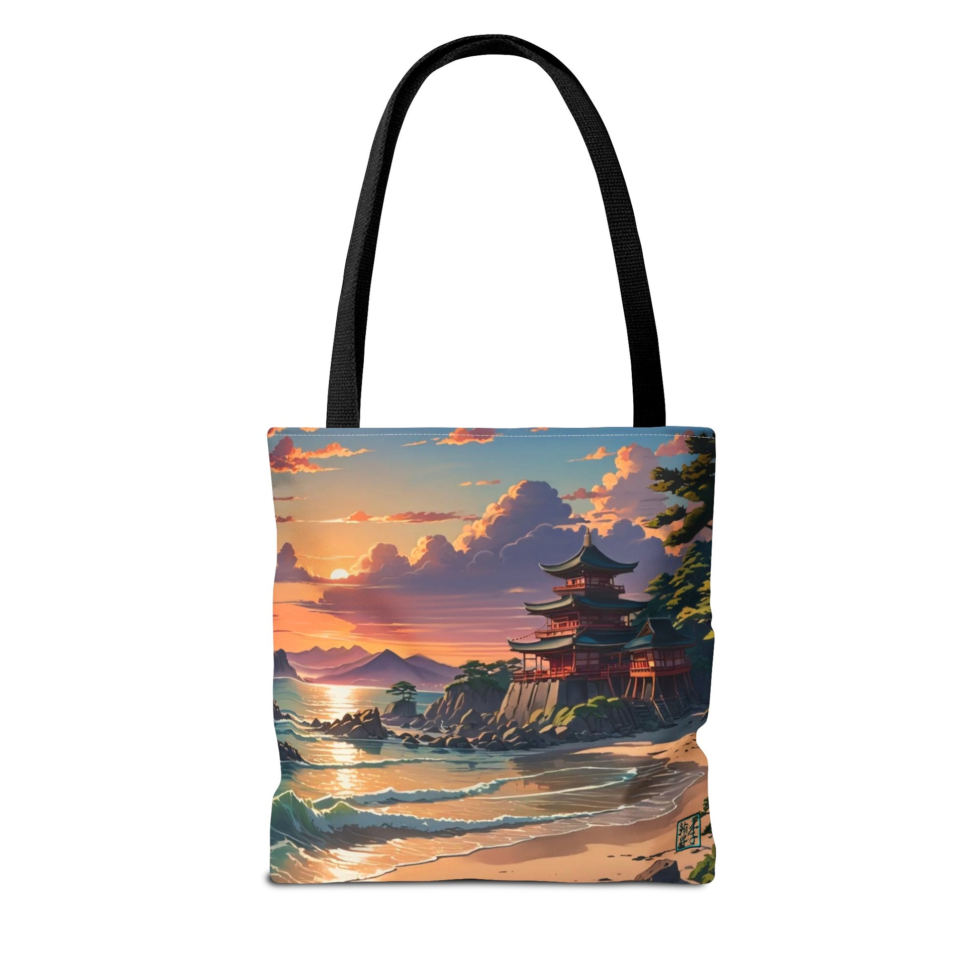 This is the Navy 13" x 13" Temple of Peace All-over Print Tote Bag by Lee Hansheng Studios.The illustration shows a setting red/orange sun above clouds,two blue roof,brown/red walled temples on the right on top of the hills,mountains,blue/white waves into sand and a forest to the right.On the bottom right corner is the logo printed in black for the studio and outlined in blue. The tote is against a white background.