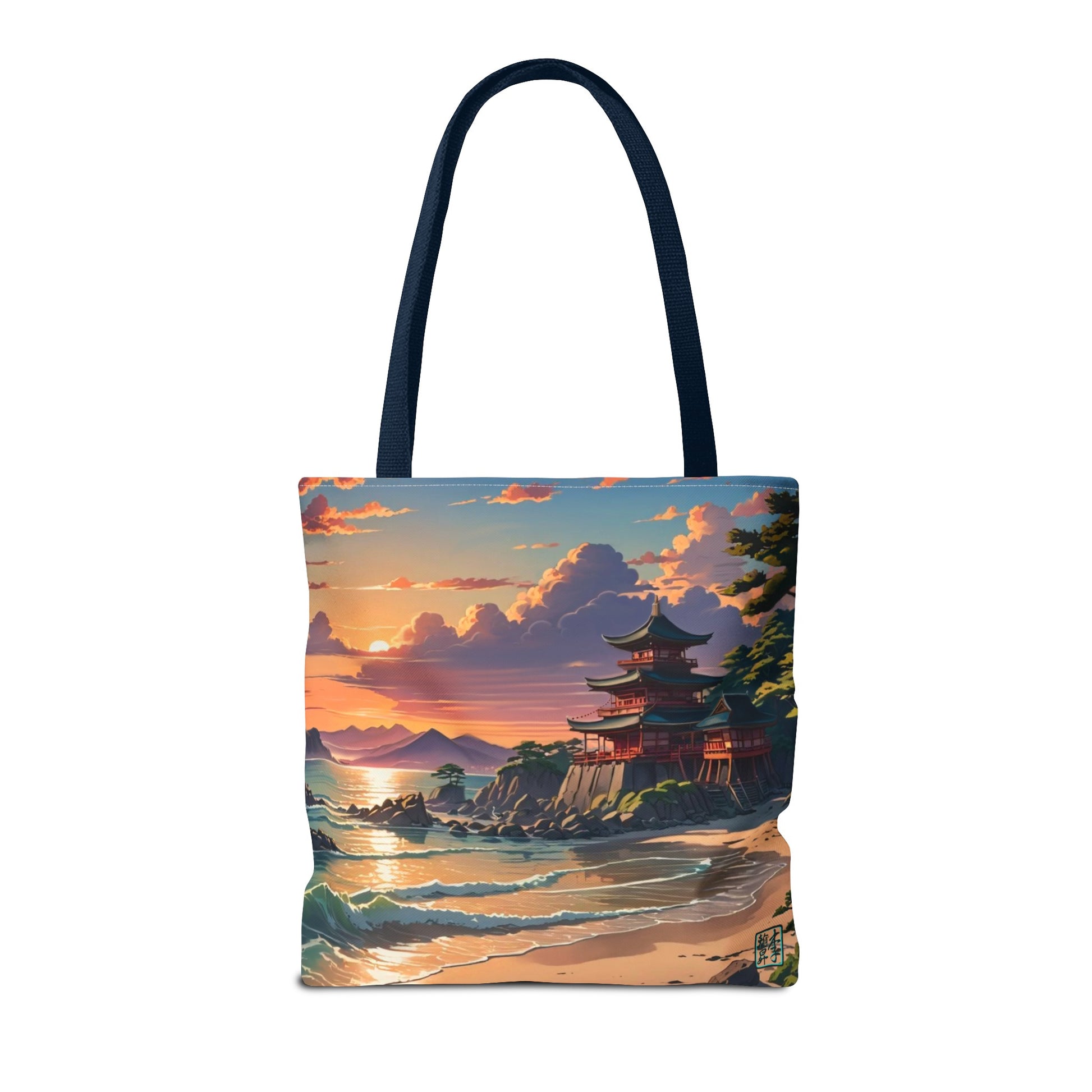 This is the Navy 16" x 16" Temple of Peace All-over Print Tote Bag by Lee Hansheng Studios.The illustration shows a setting red/orange sun above clouds,two blue roof,brown/red walled temples on the right on top of the hills,mountains,blue/white waves into sand and a forest to the right.On the bottom right corner is the logo printed in black for the studio and outlined in blue. The tote is against a white background.