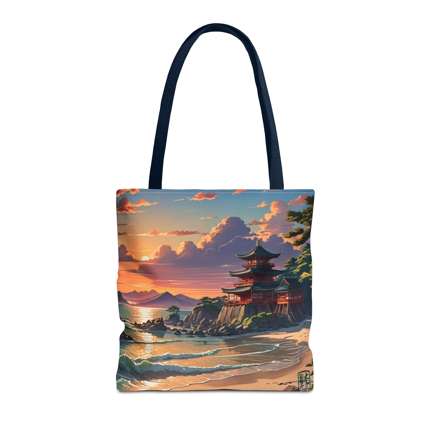 This is the Navy 16" x 16" Temple of Peace All-over Print Tote Bag by Lee Hansheng Studios.The illustration shows a setting red/orange sun above clouds,two blue roof,brown/red walled temples on the right on top of the hills,mountains,blue/white waves into sand and a forest to the right.On the bottom right corner is the logo printed in black for the studio and outlined in blue. The tote is against a white background.