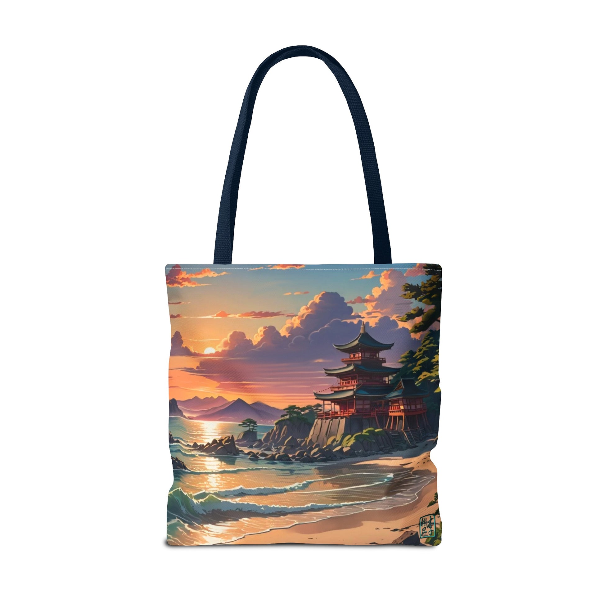 This is the Navy 18" x 18" Temple of Peace All-over Print Tote Bag by Lee Hansheng Studios.The illustration shows a setting red/orange sun above clouds,two blue roof,brown/red walled temples on the right on top of the hills,mountains,blue/white waves into sand and a forest to the right.On the bottom right corner is the logo printed in black for the studio and outlined in blue. The tote is against a white background.