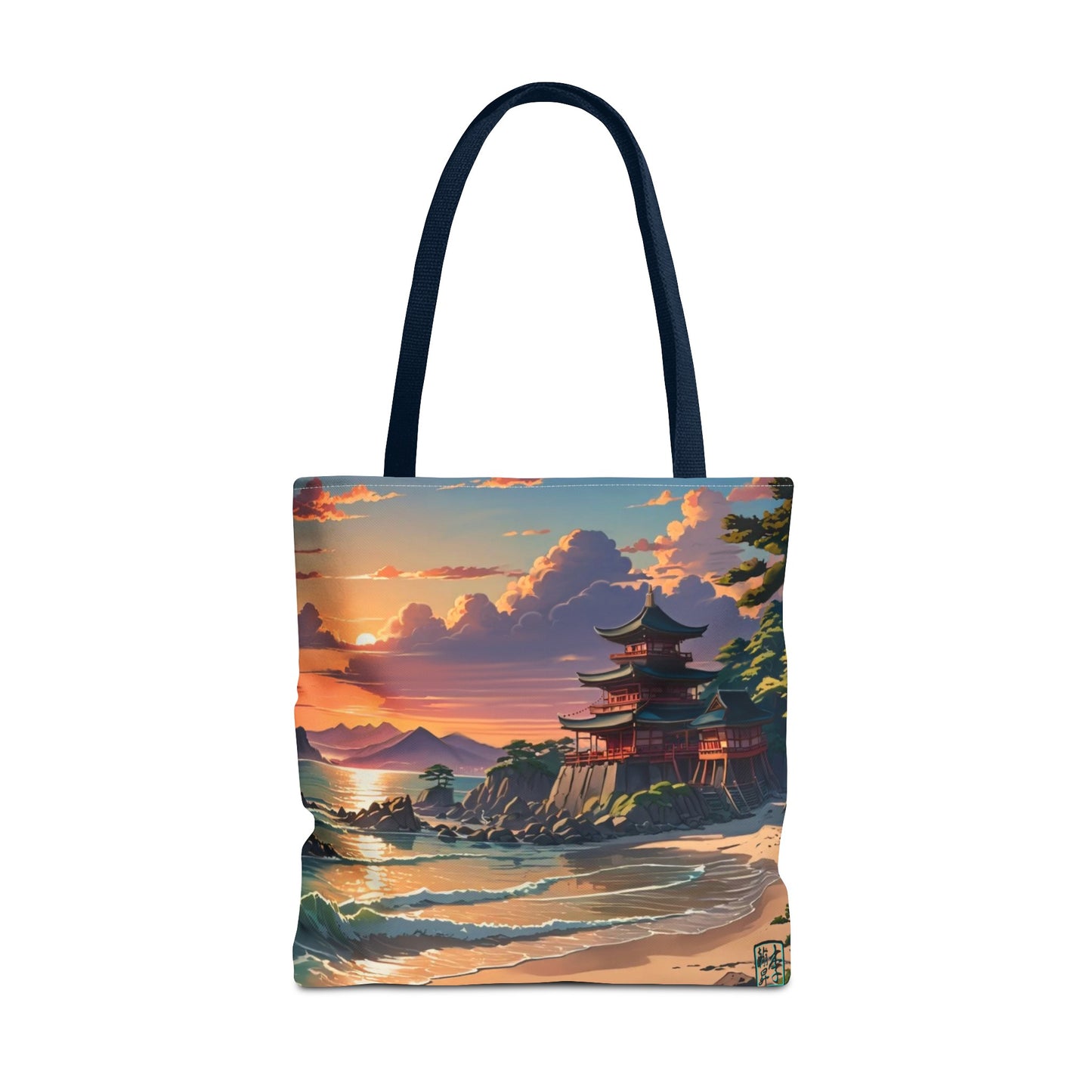 This is the Navy 18" x 18" Temple of Peace All-over Print Tote Bag by Lee Hansheng Studios.The illustration shows a setting red/orange sun above clouds,two blue roof,brown/red walled temples on the right on top of the hills,mountains,blue/white waves into sand and a forest to the right.On the bottom right corner is the logo printed in black for the studio and outlined in blue. The tote is against a white background.