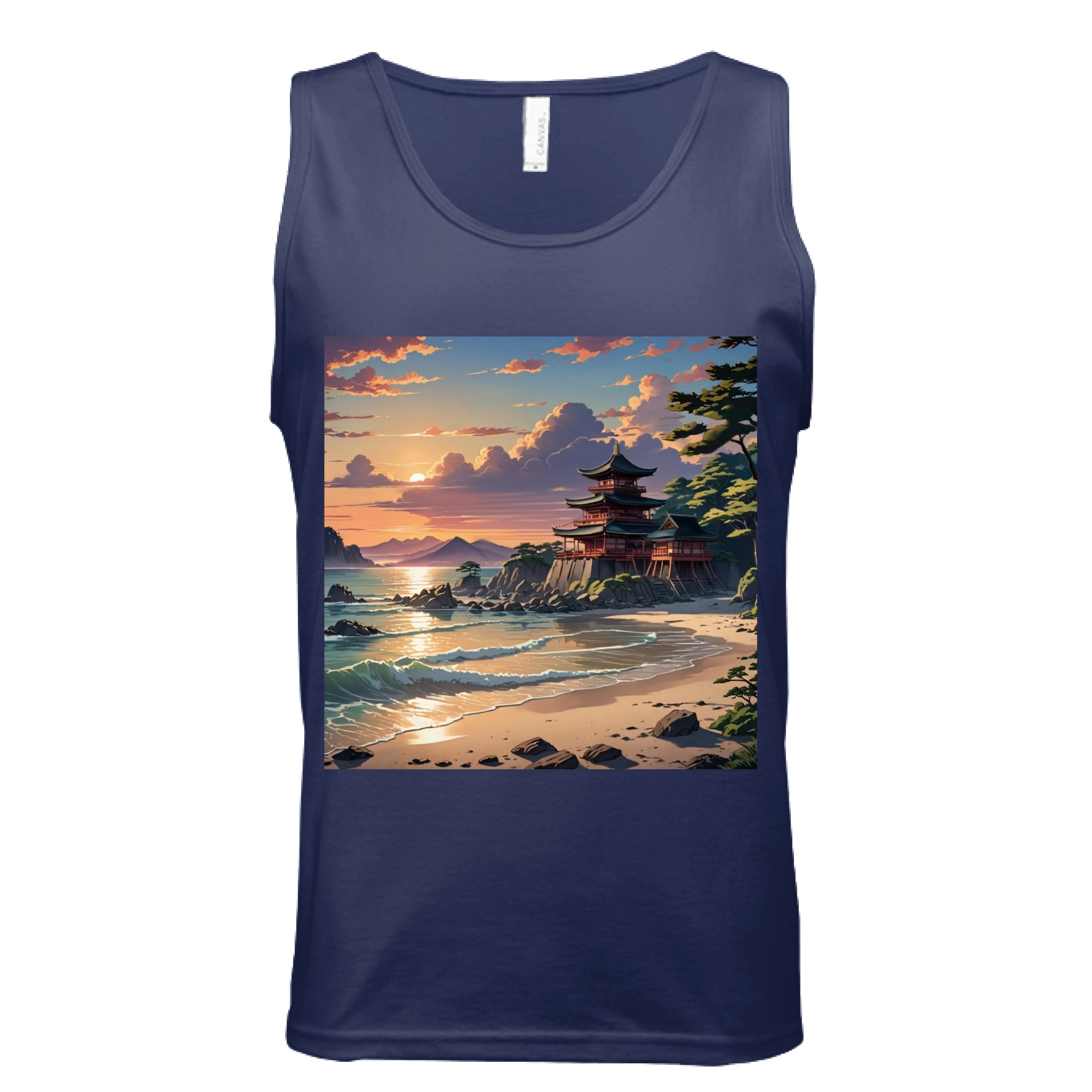 This is the Navy Temple of Peace Tank by Lee Hansheng Studios. This is showcased from the front. The illustration in the forefront are crashing light blue, white waves hitting the tan beach, scattered rocks lining the beach to the right where trees are peaking out. In the back is a temple on rocky land that is red with green/black tops. In the background are more mountains and fluffy clouds with the sun rising. The sky is mixed with blue, yellow and red colors. It is against a white background. 