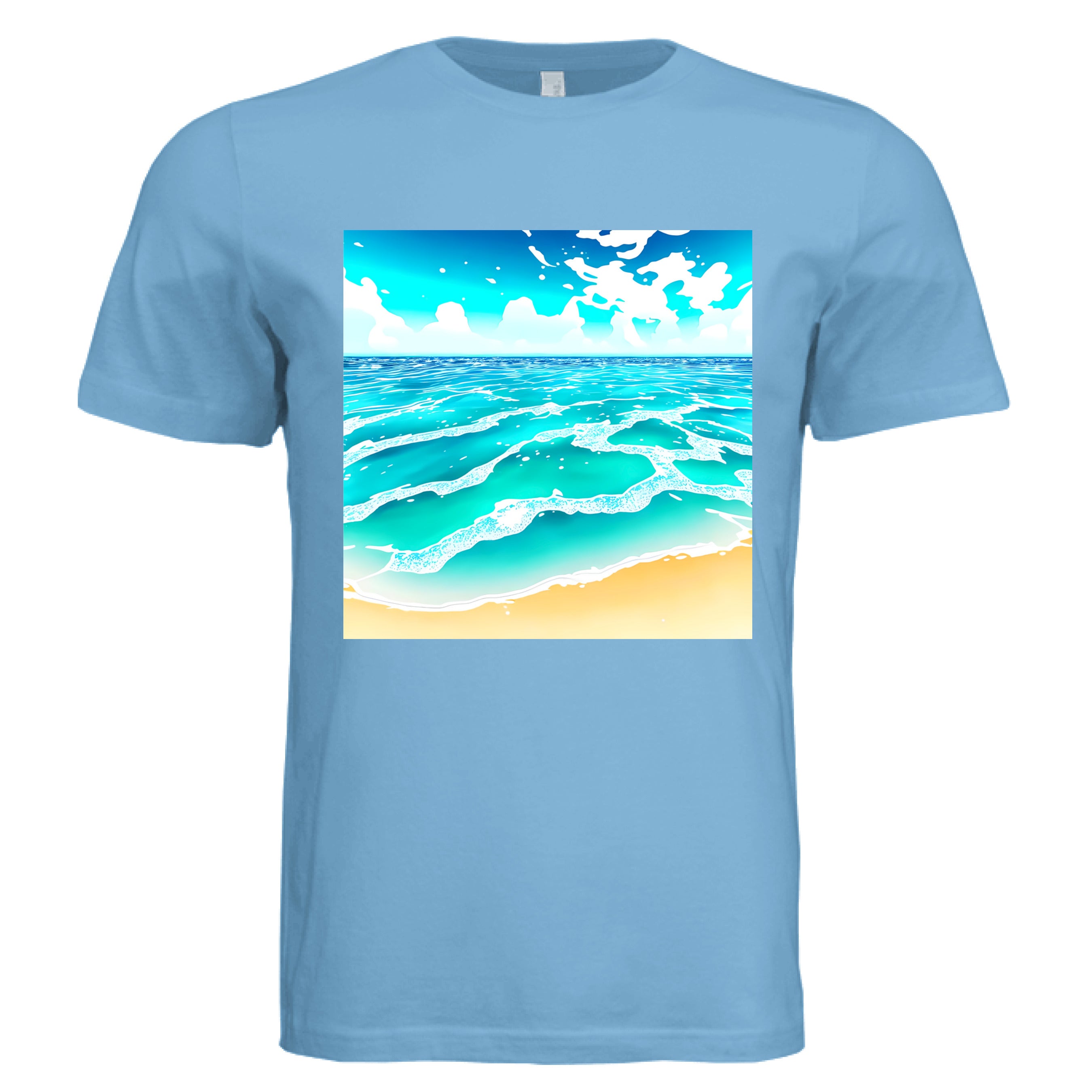 This is the Ocean Blue Beach Life T-Shirt by Lee Hansheng Studios. This showcases the front of the shirt. The squared illustration captures rolling turquoise waves, crisp white foam, and a stretch of golden sand under a brilliant blue sky that has clouds floating in the horizon. The sky is a gradient from light blue to darker blue. The shirt is against a white background. 
