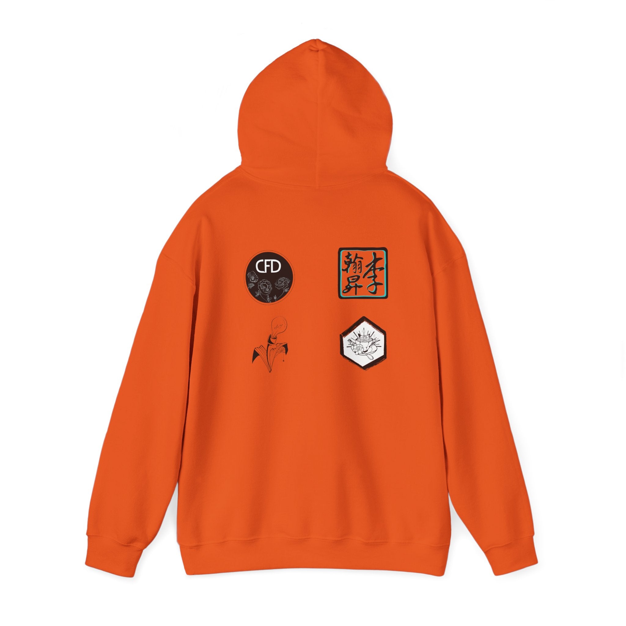 This is a Orange ACI hoodie showcasing the back of it. The hood is lifted up and the four studios' logos are between the shoulder blades. The logos are printed in mostly white and black. There is some bright blue for one of the logos. The sleeves and end of the hoodie have stitching by the wrist and waist areas. The rest of the hoodie is the color orange.