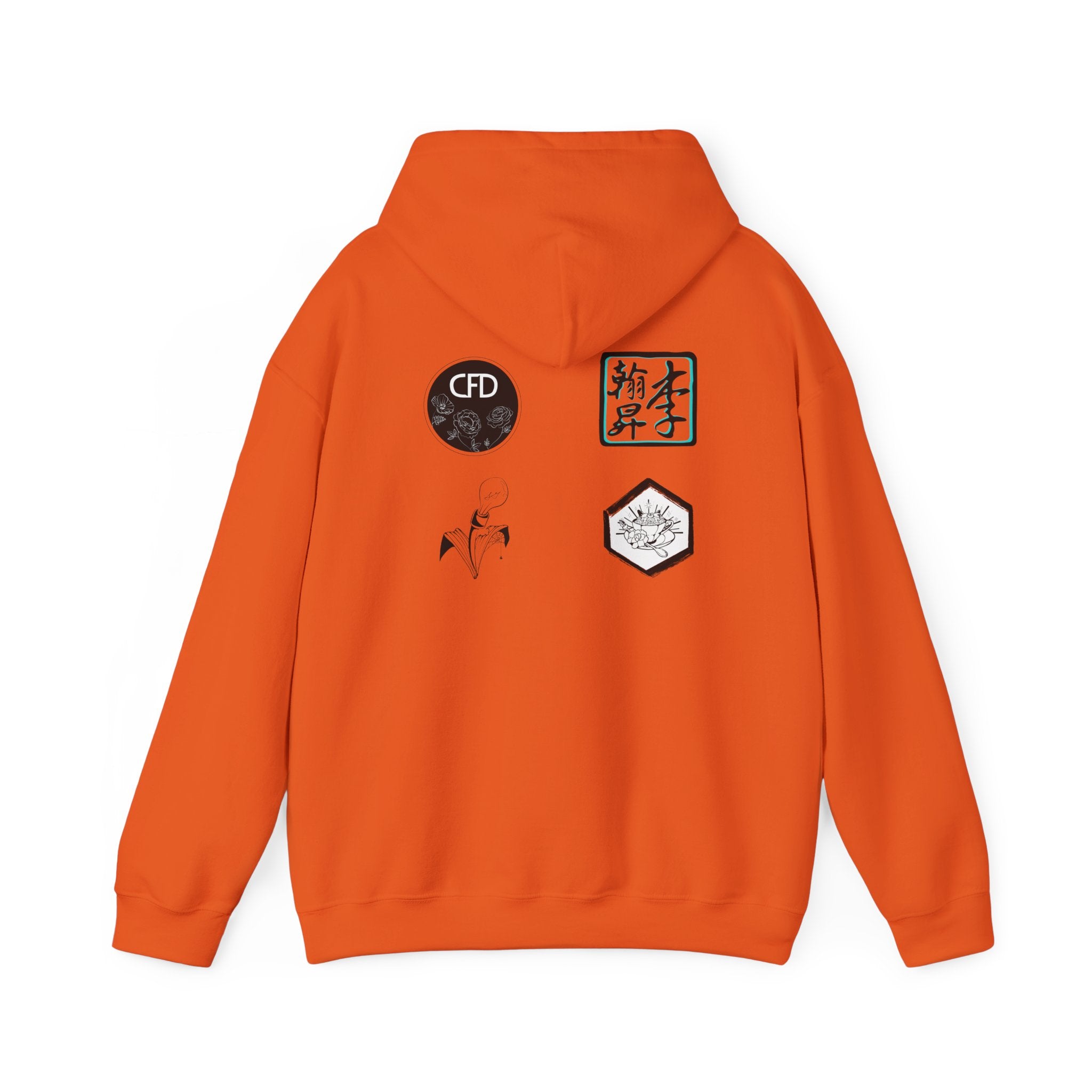 This is a Orange ACI hoodie showcasing the back of it. The hood is not lifted up and the four studios' logos is right below the hood. The logos are printed in mostly black and white. There is one logo that is outlined in a bright blue. The sleeves and end of the hoodie have stitching by the wrist and waist areas. The rest of the hoodie is the color orange.
