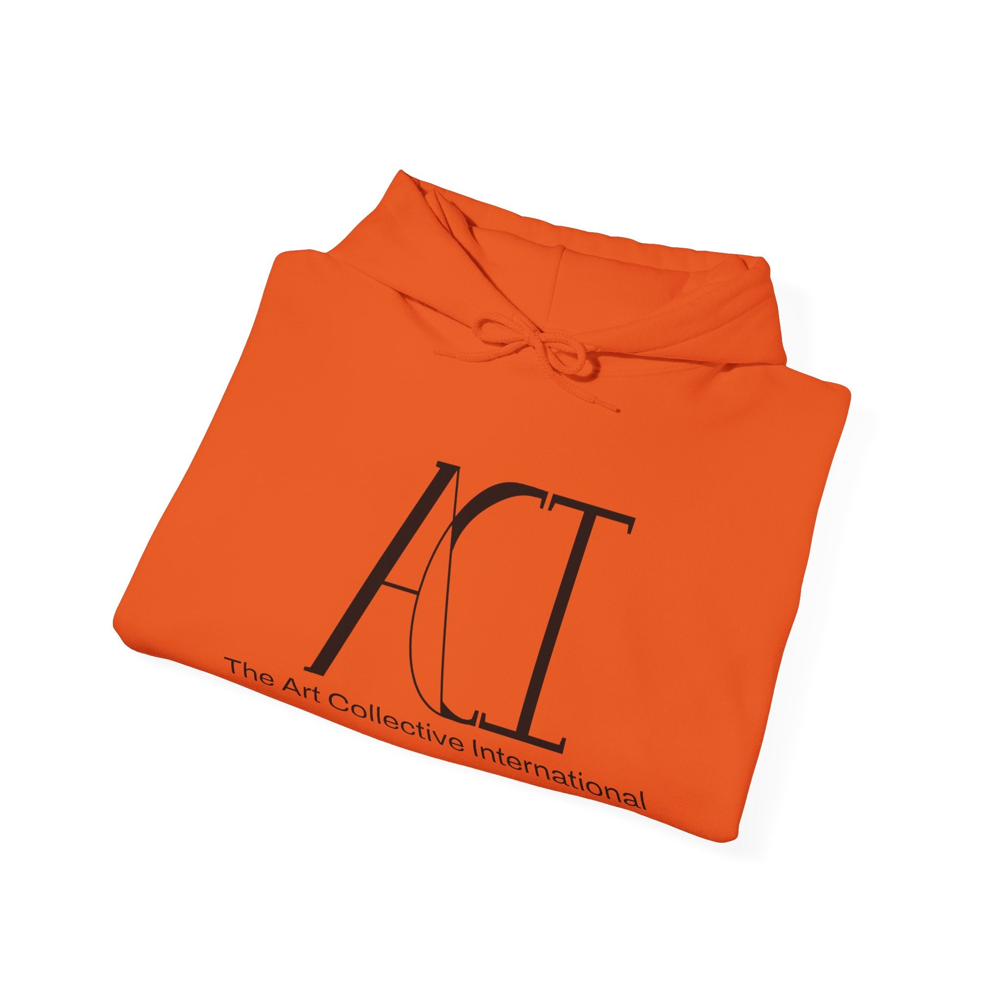 This is the Orange ACI Hoodie that has been folded to show the front. The ACI logo is large and printed in black.  Right underneath the logo is "The Art Collective International" printed smaller and in black. The drawcord is tied in a bow and color matched to the rest of the hoodie.