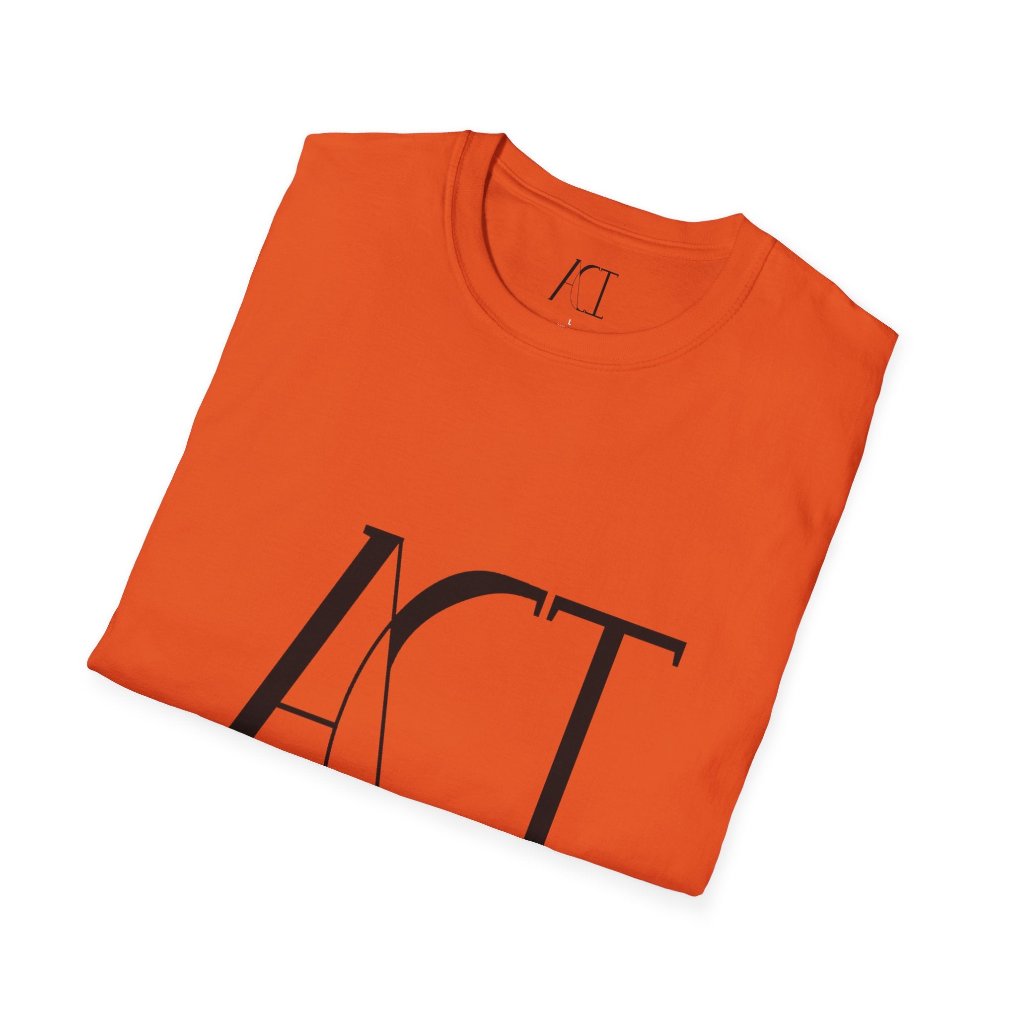 This is the Orange ACI T-Shirt that is folded and shows the front of the shirt. The size label and ACI logo printed on the inside of the shirt. The size label print is white whereas the logo is black. Also, the large printed ACI logo in black on the front of the shirt.