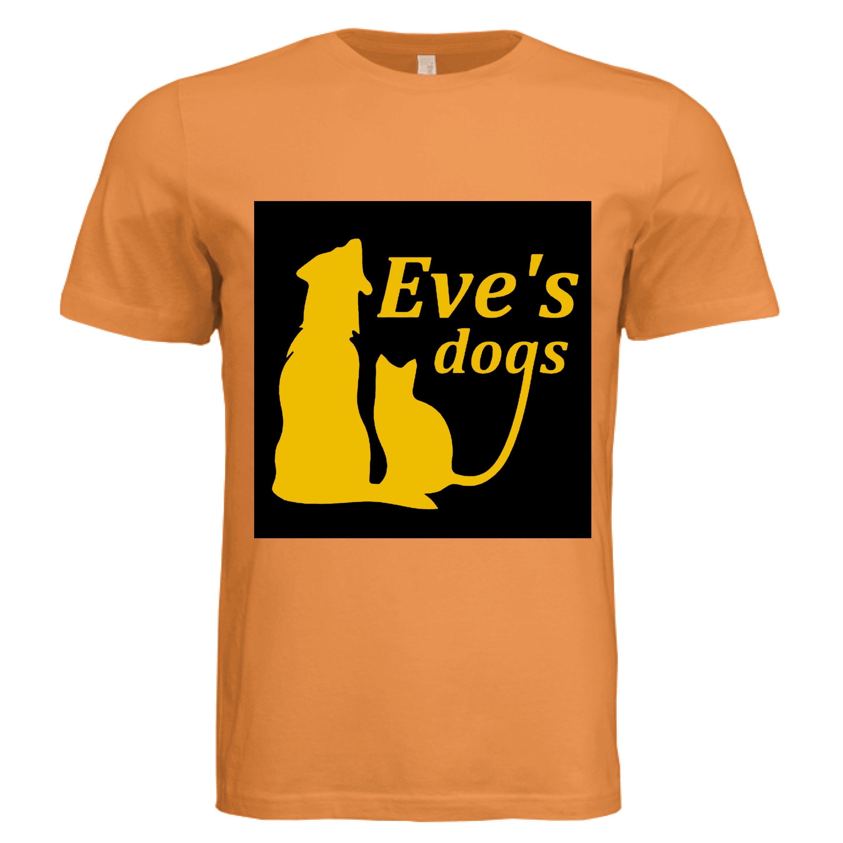 This is the Orange Adopt Eve's Dogs T-Shirt to help raise awareness and adopt. This is showcasing the front of the shirt. There is an image of their logo which the background is black, yellow writing of "Eve's Dogs". The "g" connects to the tail of the cat who is sitting next to the dog. Both are yellow shadows. The white size label can be seen at the inside of the shirt. It is against a white background.