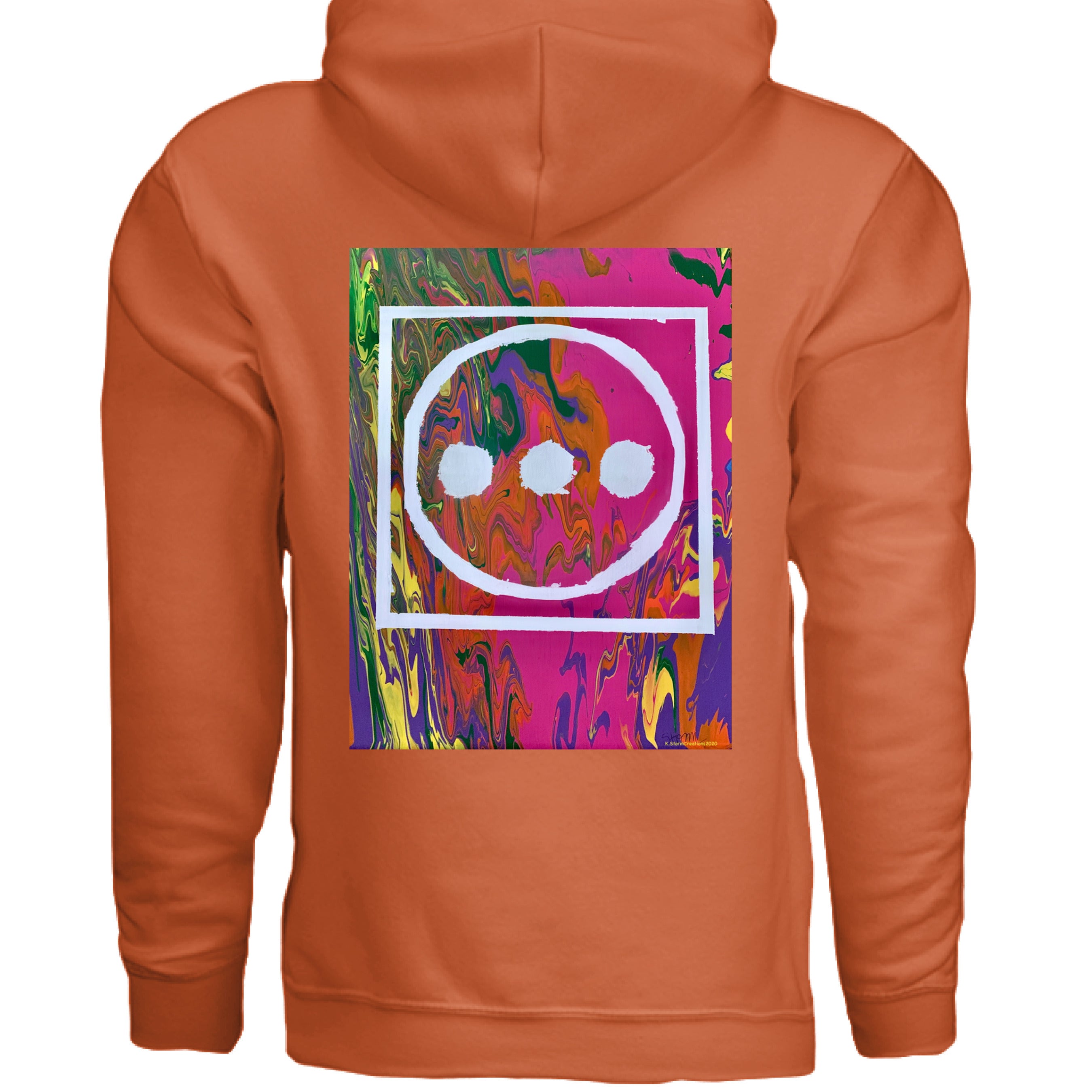This is the Orange High Hoodie by Storm Garden Studio. This image is showcasing the back of the hoodie. The illustration is vibrant with pink, orange, yellow, green and purple colors in the background with "...", outlined circle and outline square in white. There's a hood above the illustration and there's nothing below the illustration. It is against a white background. 