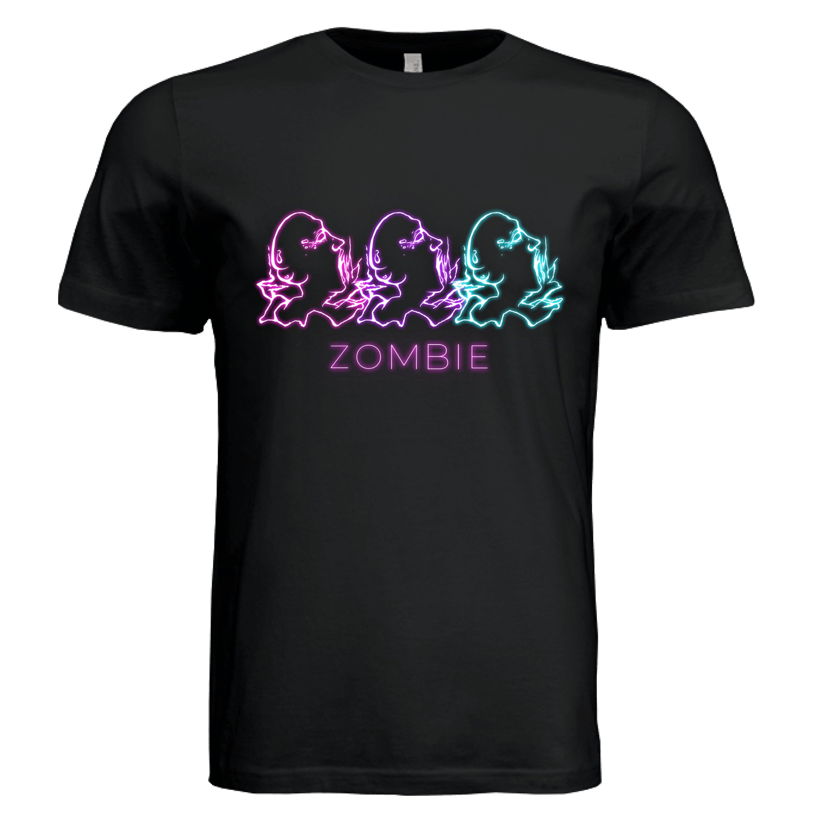This is the Oxblood Black Zombie T-Shirt by Chris Foster Design. This is showcasing the front of the shirt. The illustration has retro arcade vibes. The colors are vibrant pink, purple and teal in neon. The zombies are layered together facing the right with their mouths open looking up. Below are the words in neon pink/purple, "ZOMBIE". The illustration is near the middle of the chest. It is against a white background. 