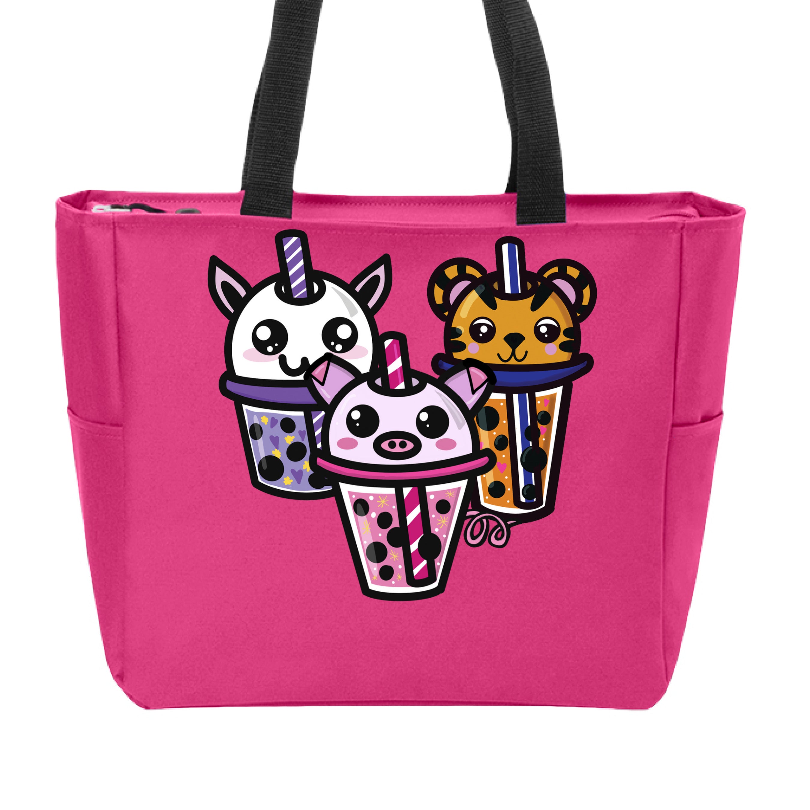 This is the Pink Azalea Boba Friends Zip Tote by Dazzle & Daggers Design. This is showcasing the front that features three kawaii designs.The Piggy Boba is pink all over and the glass has pink liquid, boba, yellow sparkles,white dots and peppermint swirl like. Thai Tea Tiger is orange, orange liquid, black boba, white dots, red hearts, blue and white striped straw. The Cryptid Boba is white, purple and white swirl straw, purple liquid, black boba, yellow stars and purple hearts. The handle is black.
