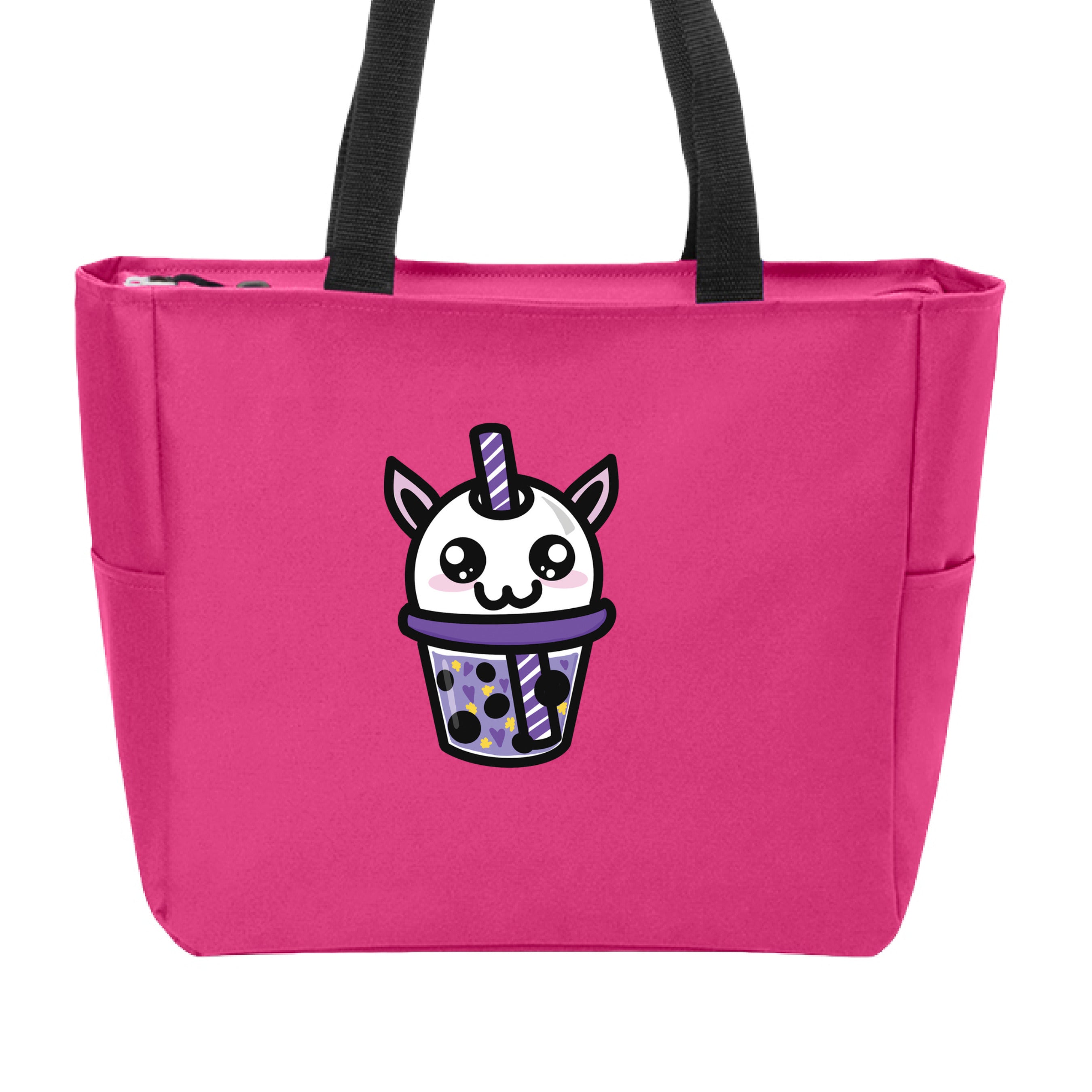This is the Pink Azalea Cryptid Boba Zip Tote by Dazzle & Daggers Design. This is showcasing the front and the handles are black. The Cryptid Boba is white, has cute light pink oval cheeks under big black and white sparkly eyes. It's mouth is in the shape of the number 3, purple and white swirl straw. In the glass is purple liquid, black boba, yellow stars and purple hearts. The tote is against a white background.