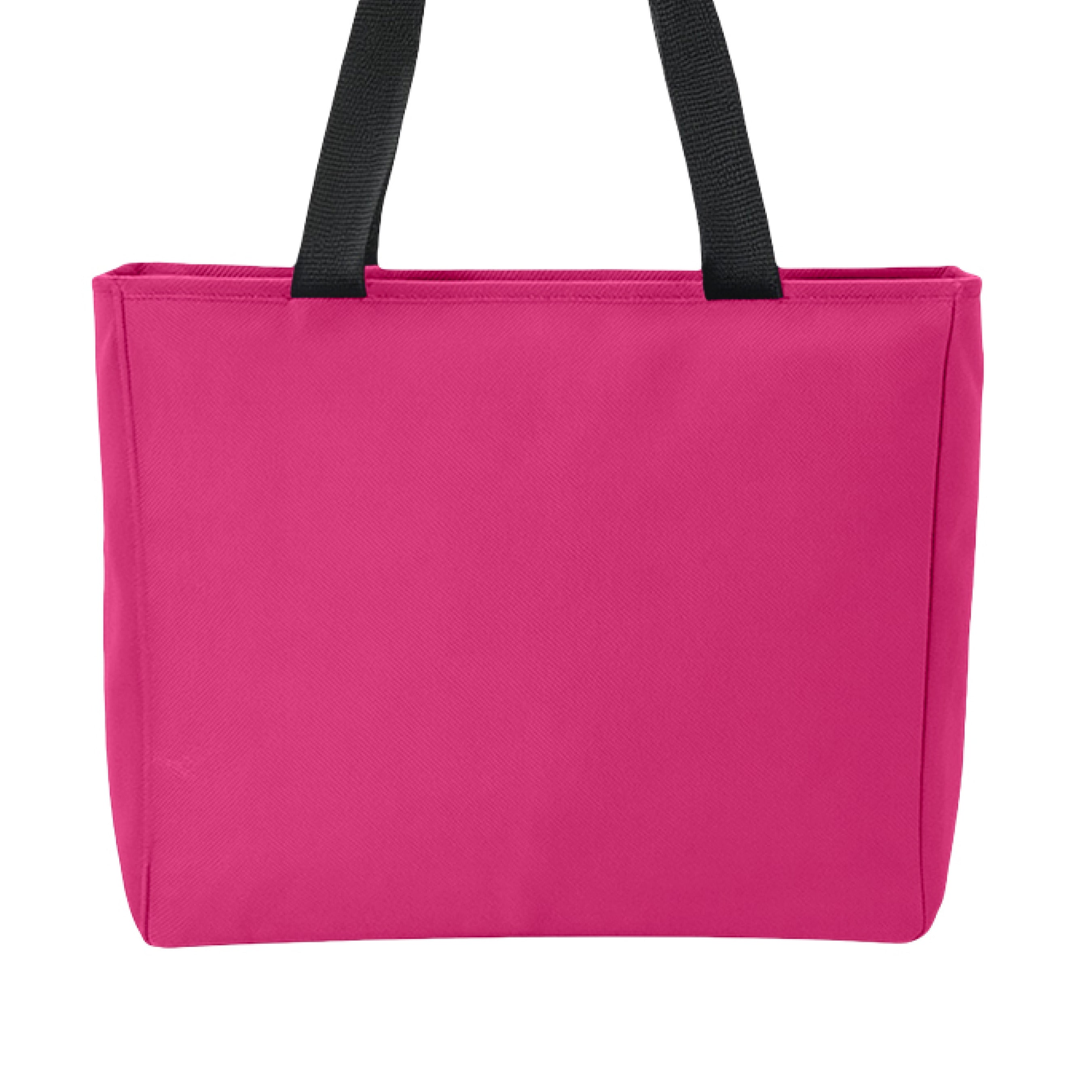 This is the Pink Azalea Piggy Boba Zip Tote by Dazzle & Daggers Design. This is showcasing the back of the tote. The handles of the tote are black. There are no images or illustrations. It is against a white background. 