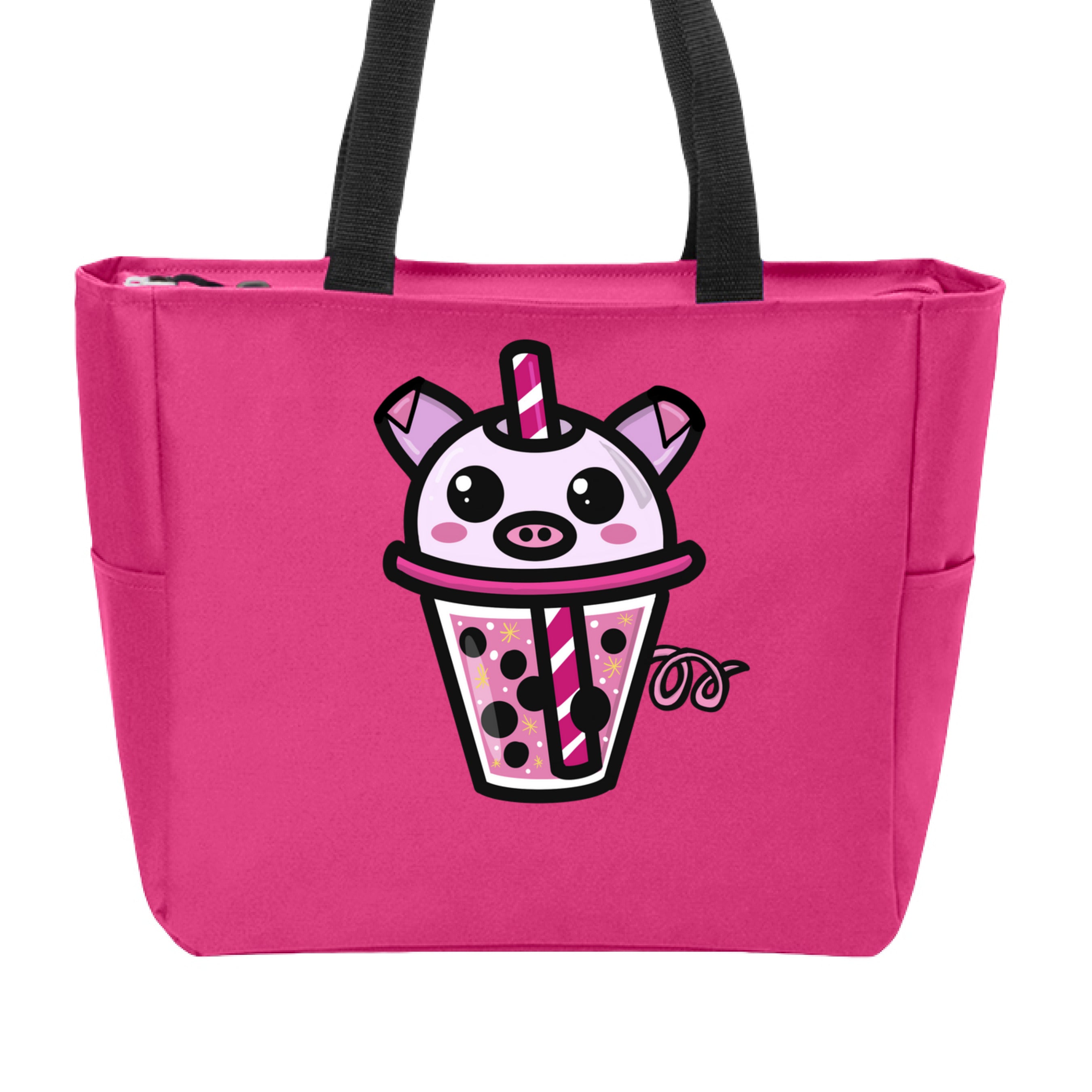This is the Pink Azalea Piggy Boba Zip Tote by Dazzle & Daggers Design. This is showcasing the front of the tote. The handles on the zip tote are black. The Piggy Boba is pink all over, cute snout, oval cheeks, pig ears and tails, glistening eyes and the glass has pink liquid, boba, yellow sparkles, white dots and peppermint swirl like straw. It is against a white background.