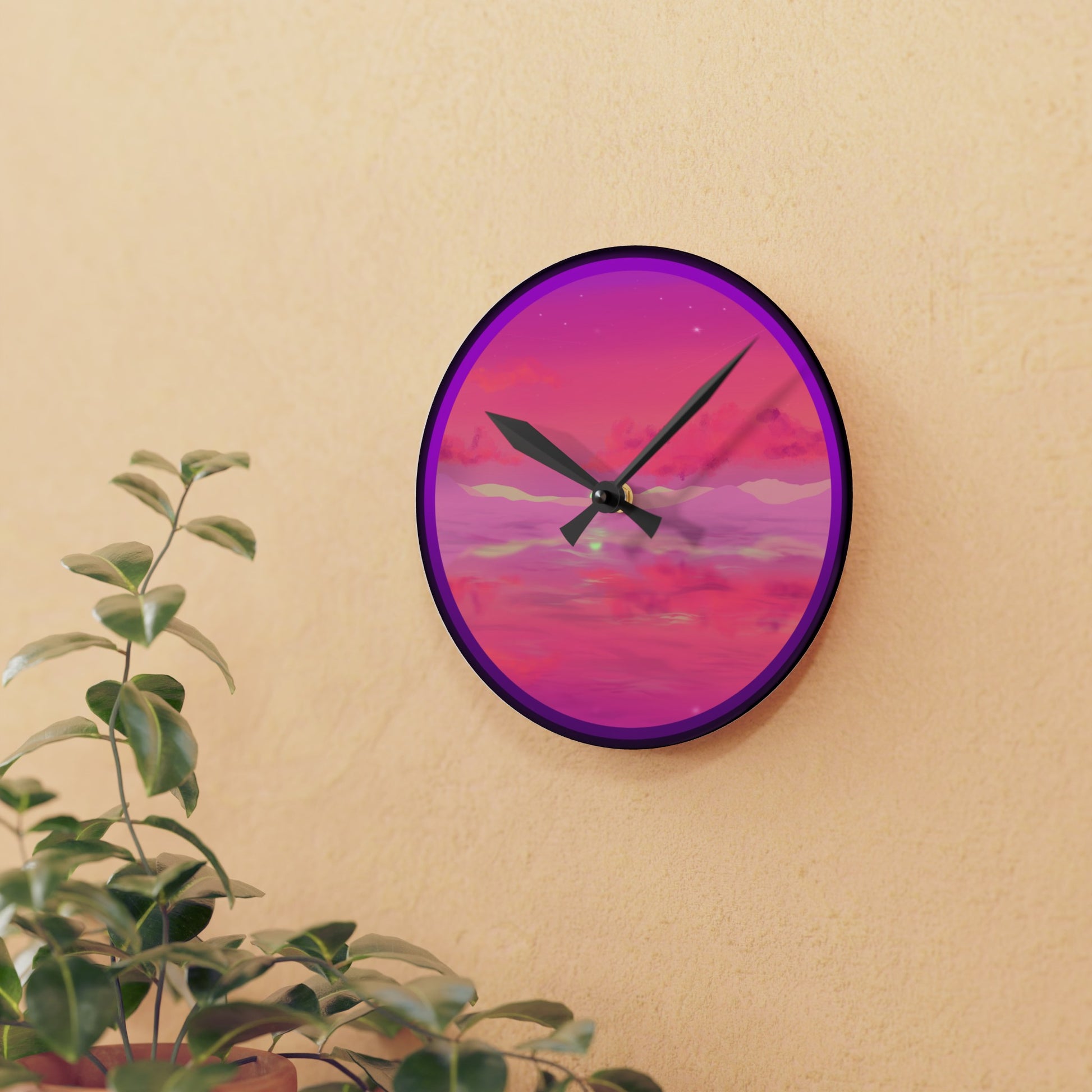 This is the 8" x 8" Pink Dremscape Acrylic Round Wall Clock by Lee Hansheng Studios. This is the front of the image with two black clock hands and the illustration behind it. The illustration is of the sky and clouds. The different pinks and hues are blended into the clouds and spreads outwards. There are dark purples on the side and yellows near the middle of the art piece. The clock is against a light yellow wall with a ivy plant to the left with a terra pot. 
