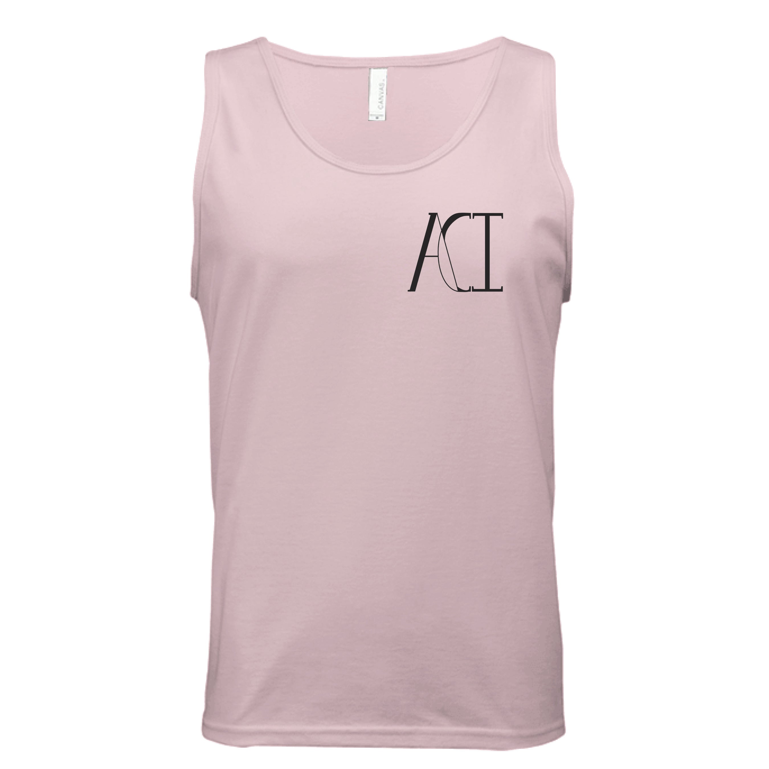 This is the Pink ACI Tank by the Art Collective International. This is showcasing the front of the tank. The image on the left breast pocket is of the ACI logo. It is printed in black and the size label can be seen on the back of the tank. The tank is against a white background.