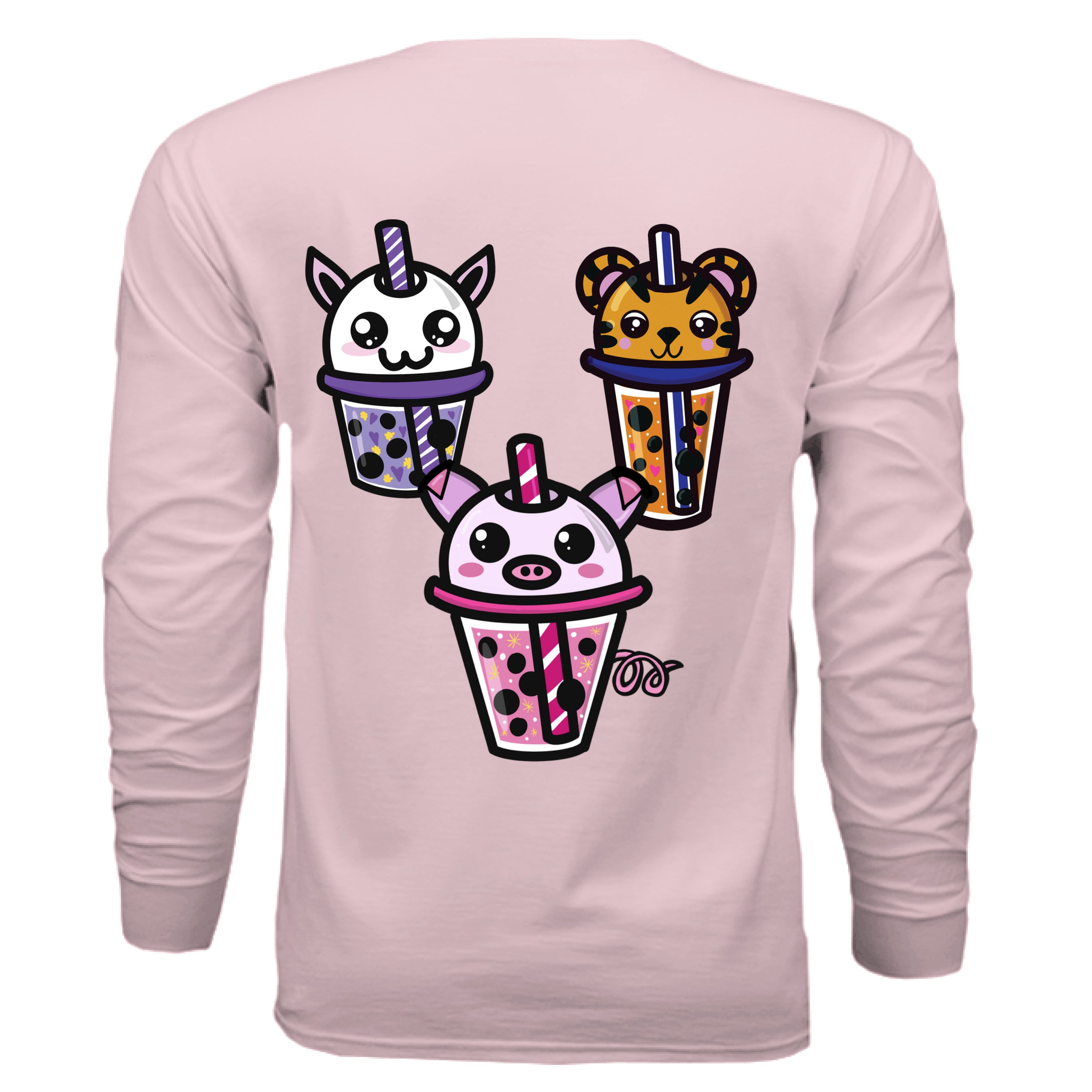 This is the Pink Boba Friends Long Sleeve by Dazzle & Daggers Design. This is showcasing the back that features three kawaii designs in a triangle.The Piggy Boba is pink all over and the glass has pink liquid, boba, yellow sparkles,white dots and peppermint swirl like. Thai Tea Tiger is orange, orange liquid, black boba, white dots, red hearts, blue and white striped straw. The Cryptid Boba is white, purple and white swirl straw, purple liquid, black boba, yellow stars and purple hearts.
