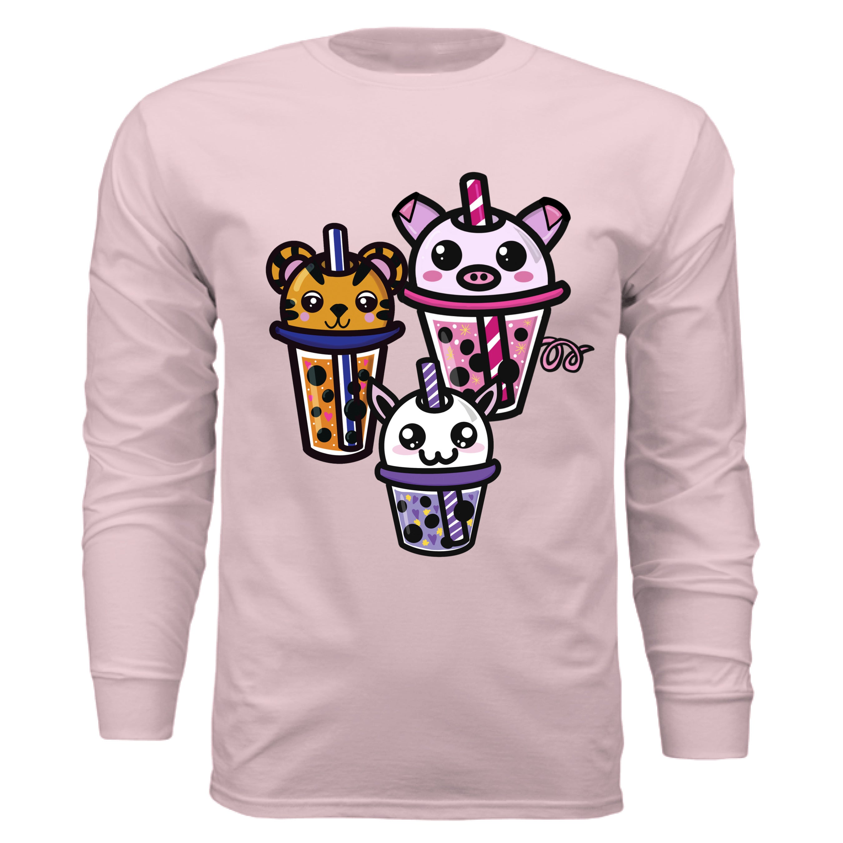 This is the Pink Boba Friends Long Sleeve by Dazzle & Daggers Design. This is showcasing the front the pig is the biggest, then Tiger then Cryptid. The Piggy Boba is pink all over and the glass has pink liquid, boba, yellow sparkles,white dots and peppermint swirl like. Thai Tea Tiger is orange, orange liquid, black boba, white dots, red hearts, blue and white striped straw. The Cryptid Boba is white, purple and white swirl straw, purple liquid, black boba, yellow stars and purple hearts.