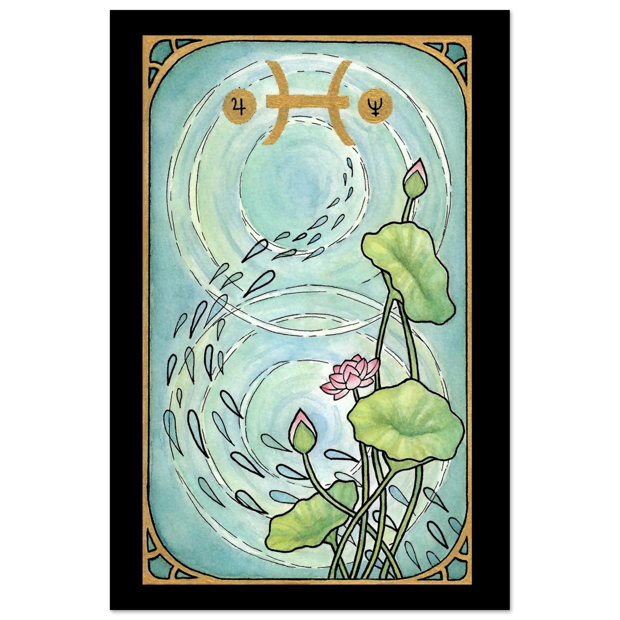 This is the 8" x 12" Pisces Poster by Chris Foster Design. This is a tarot card design and Art Nouveau–inspired design blends the elegance of pink lotus blossoms and water ripples with the celestial symbolism of Jupiter and Neptune. There are water droplets that follow a trail and water ripples in the background. The symbols and intricate frame are gold with a black border. It is against a white and black checkered background. 