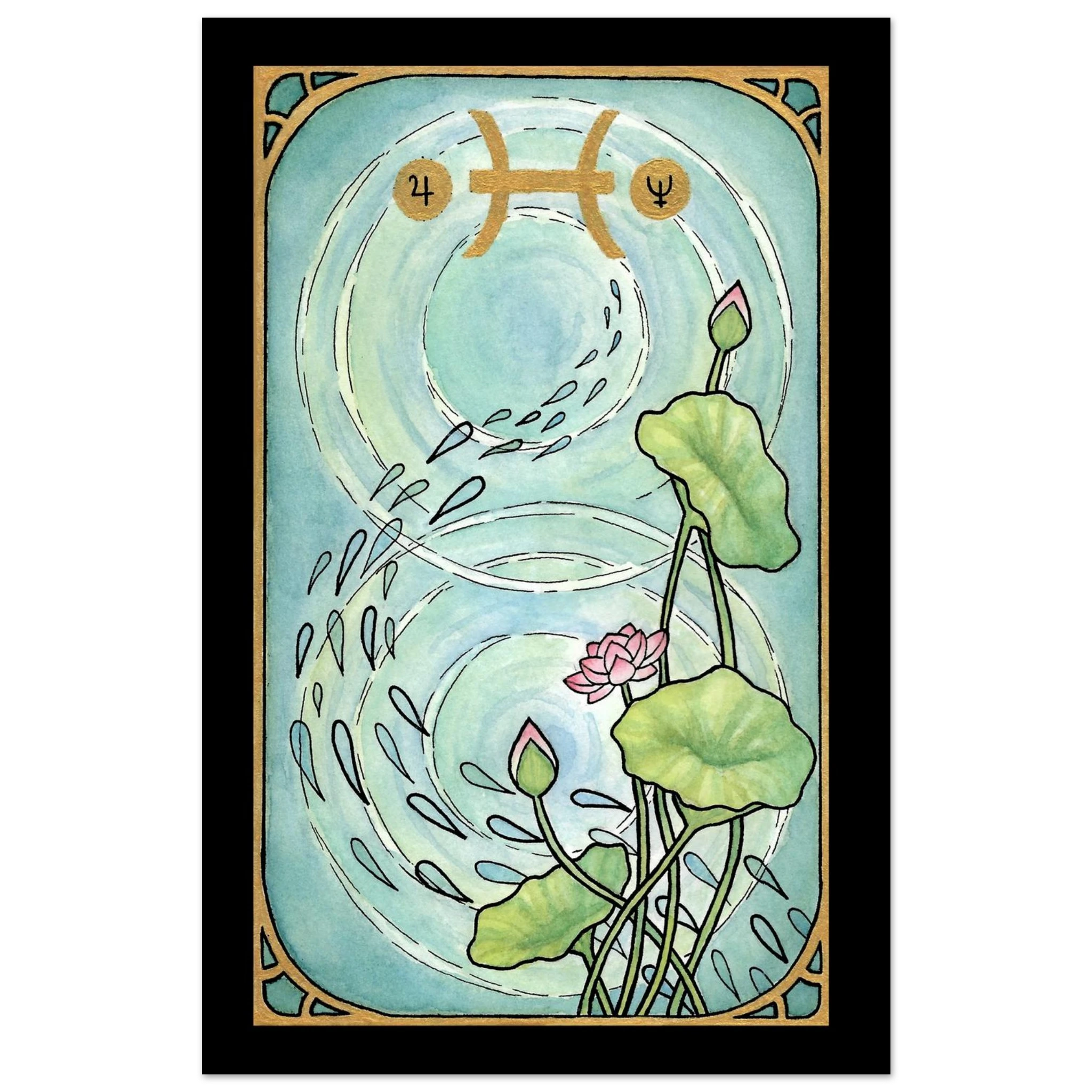 This is the 11" x 17" Pisces Poster by Chris Foster Design. This is a tarot card design and Art Nouveau–inspired design blends the elegance of pink lotus blossoms and water ripples with the celestial symbolism of Jupiter and Neptune. There are water droplets that follow a trail and water ripples in the background. The symbols and intricate frame are gold with a black border. It is against a white and black checkered background. 