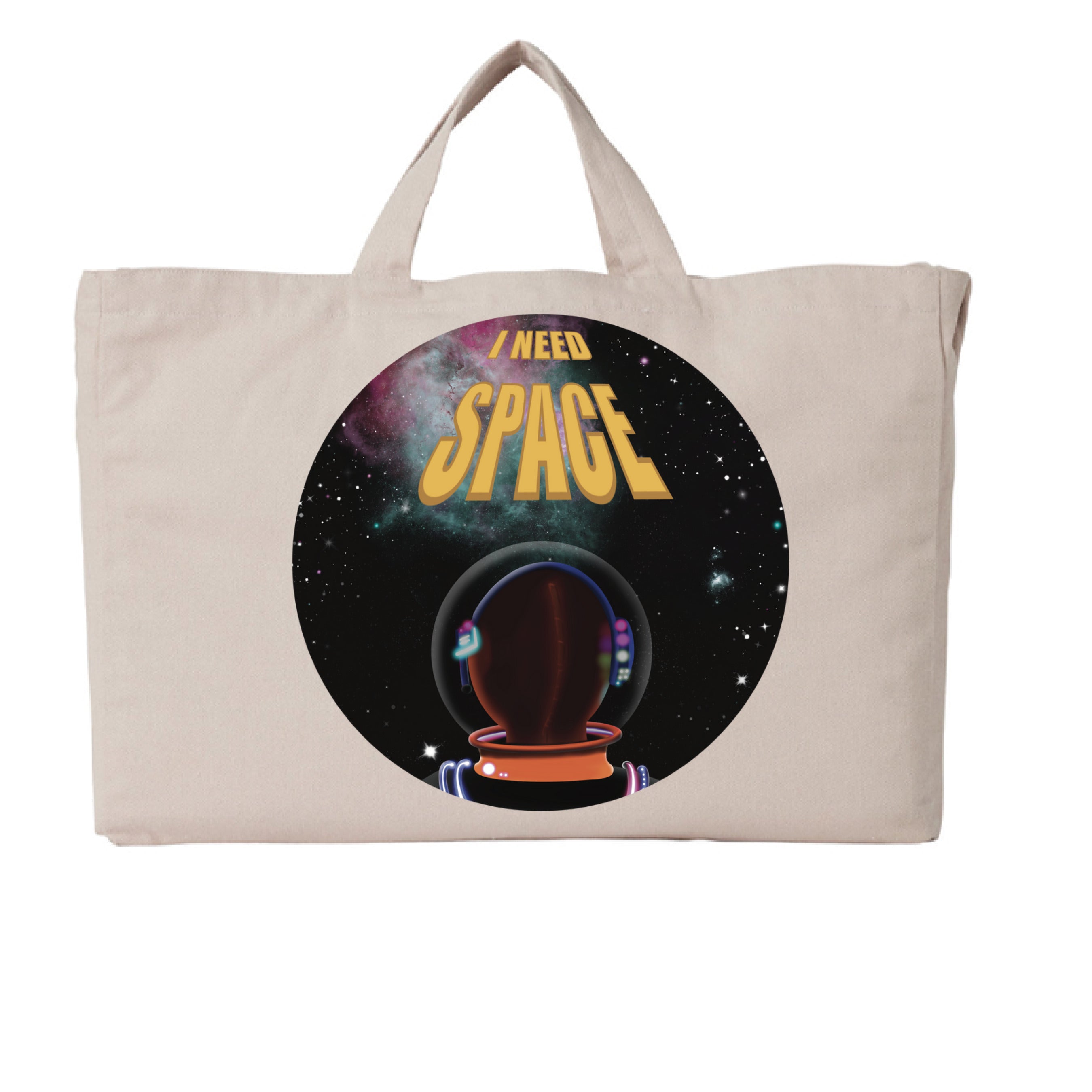 This is the Pumice I Need Space G2G Tote by Lee Hansheng Studios. This is showcasing the front and is an oversized tote. The design is a circle and of an astronaut facing the front. The astronaut is looking towards space black sky, twinkling green, yellow, pink stars and nebula that is pink/red and green closer to the left. The words in yellow, "I NEED SPACE" in the middle, space being larger font than I need. It is against a white background. 