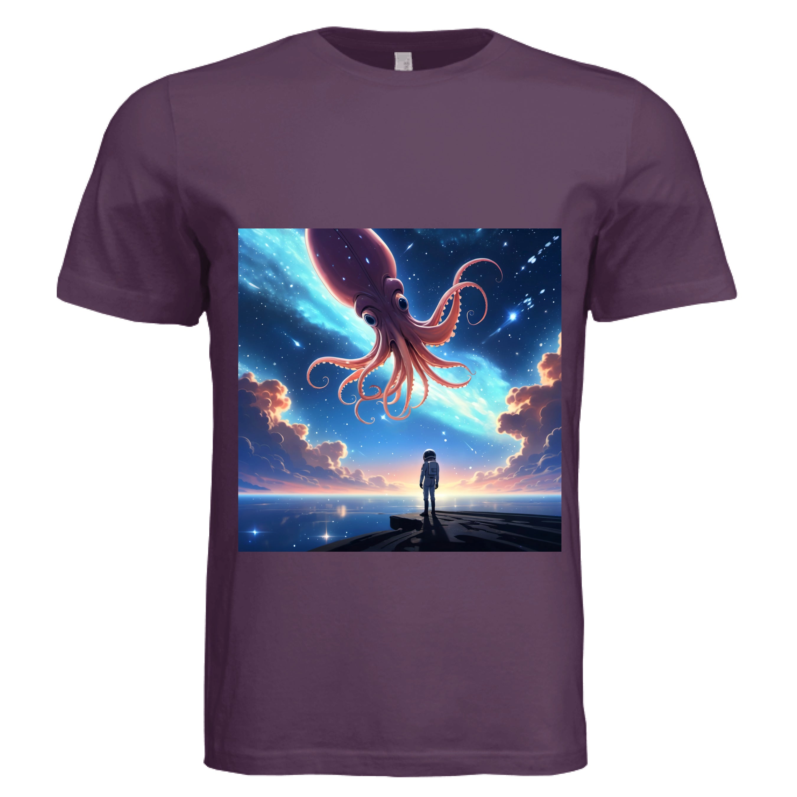 This is the Purple Storm Star Maker T-Shirt by Lee Hansheng Studios. This is showcasing the front. The illustration features a lone astronaut in white, standing on a dark surface gazing at a pink octo-squid alien, drifting through a sky. The sky is alive with stars, nebulae, and clouds. The clouds are drifting up at the right and left with pink/blue hues. The sky is a light blue and the drifting stars behind the animal is a light blue. It is against a white background. 