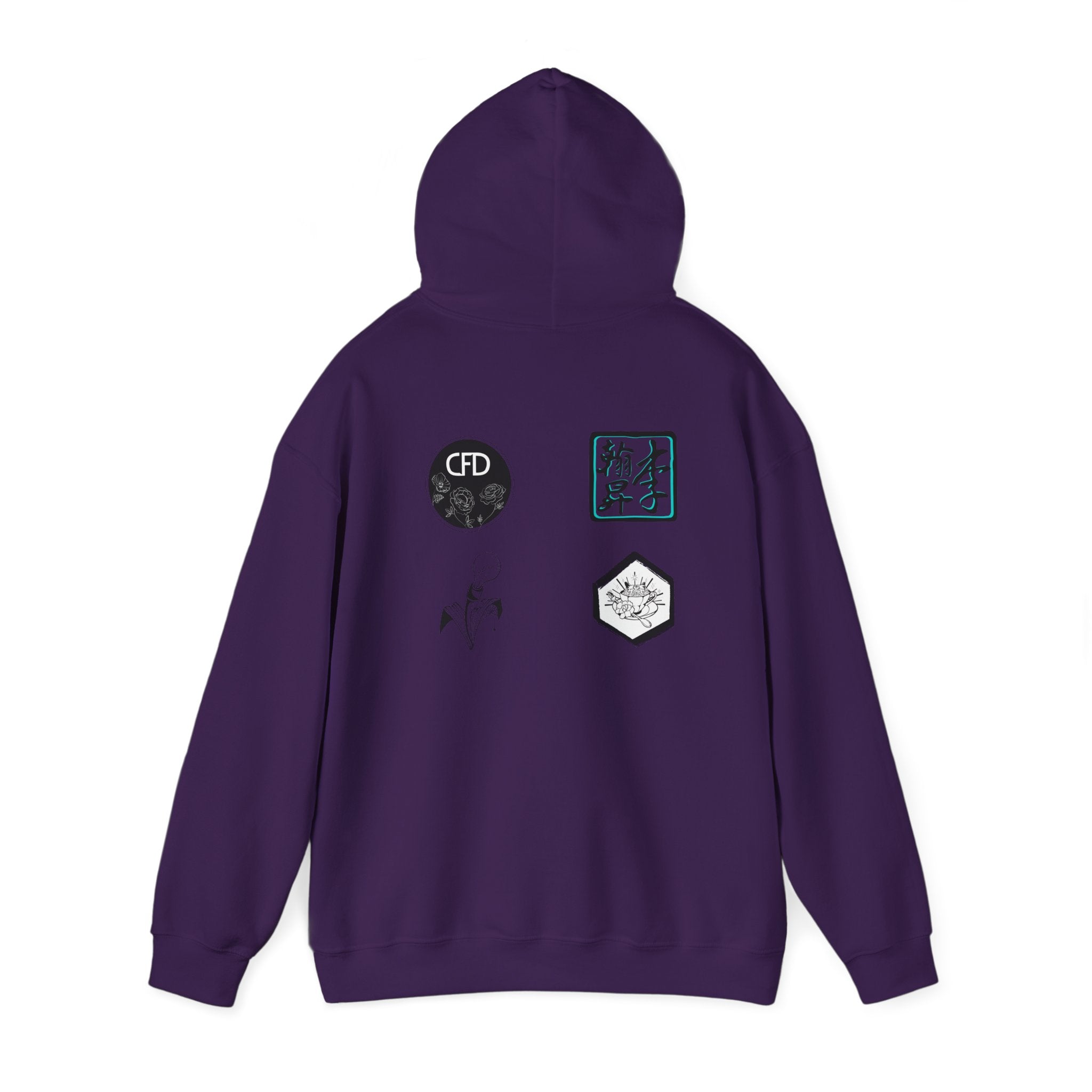 This is a Purple ACI hoodie showcasing the back of it. The hood is lifted up and the four studios' logos are between the shoulder blades. The logos are printed in mostly white and black. There is some bright blue for one of the logos. The sleeves and end of the hoodie have stitching by the wrist and waist areas. The rest of the hoodie is the color purple.