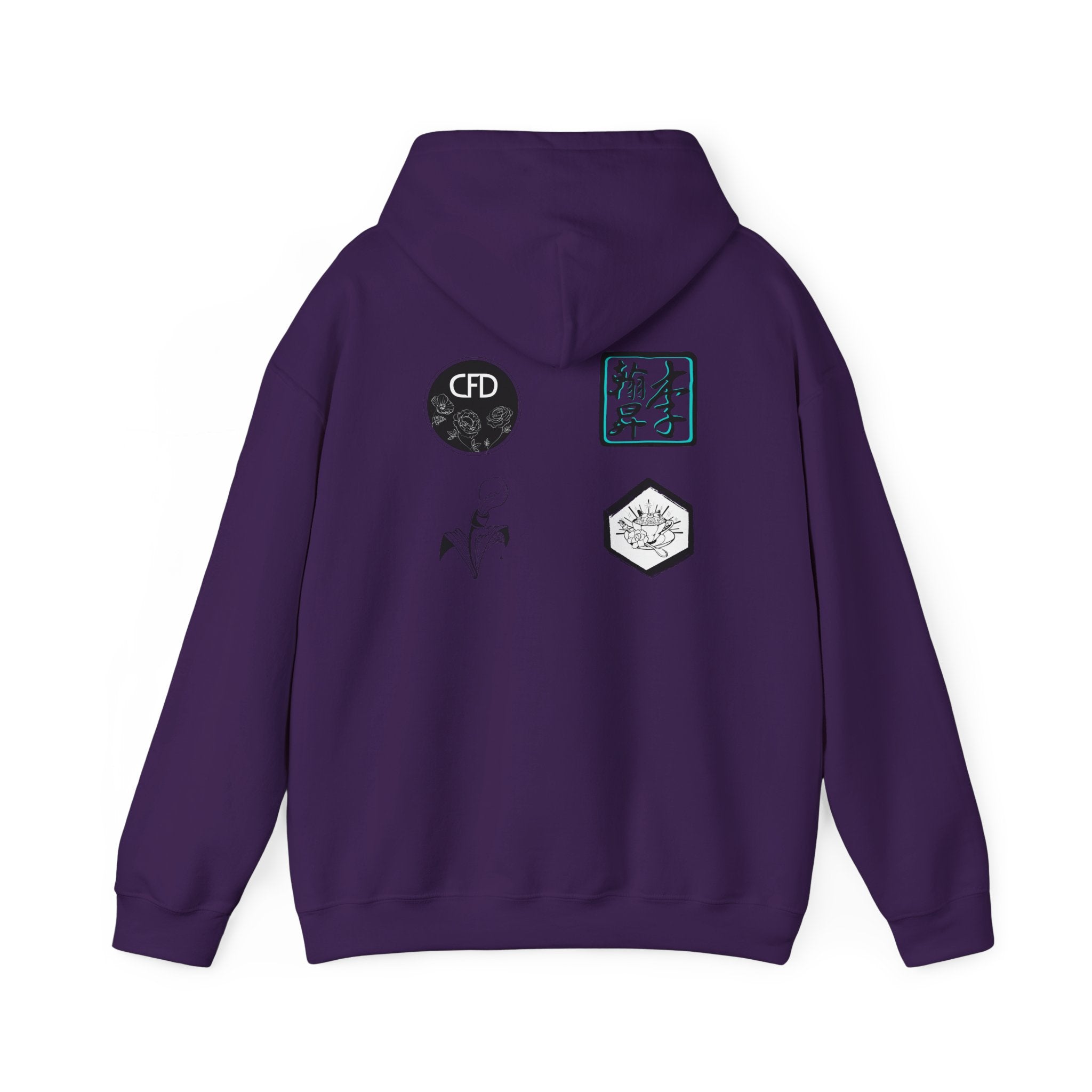 This is a Purple ACI hoodie showcasing the back of it. The hood is not lifted up and the four studios' logos is right below the hood. The logos are printed in mostly black and white. There is one logo that is outlined in a bright blue. The sleeves and end of the hoodie have stitching by the wrist and waist areas. The rest of the hoodie is the color purple.