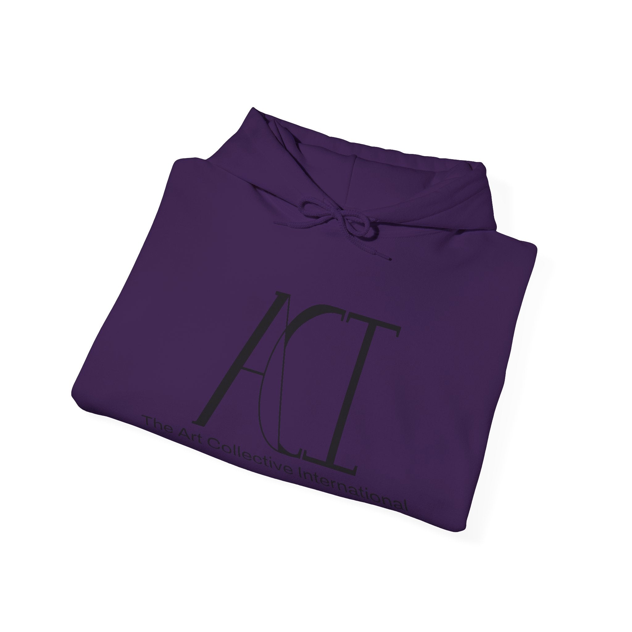This is the Purple ACI Hoodie that has been folded to show the front. The ACI logo is large and printed in black.  Right underneath the logo is "The Art Collective International" printed smaller and in black. The drawcord is tied in a bow and color matched to the rest of the hoodie.