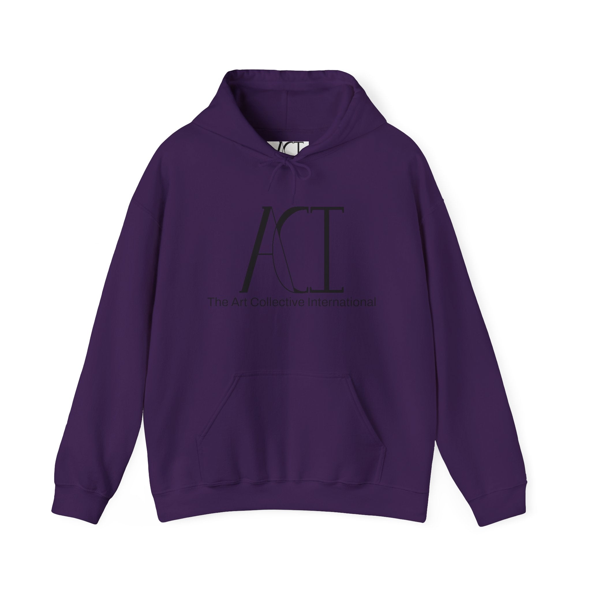 This is the Purple ACI hoodie that showcases a large ACI logo printed in black near the top middle of the hoodie. Underneath the logo in back is, "The Art Collective International" in smaller print. It is a full picture of the front with the color-matched drawcord. The size label is white and printed on rather than a tag. The ACI logo is black on the size label. There is stitching by the wrists and waist areas. Also, a large pocket to place your arms in.