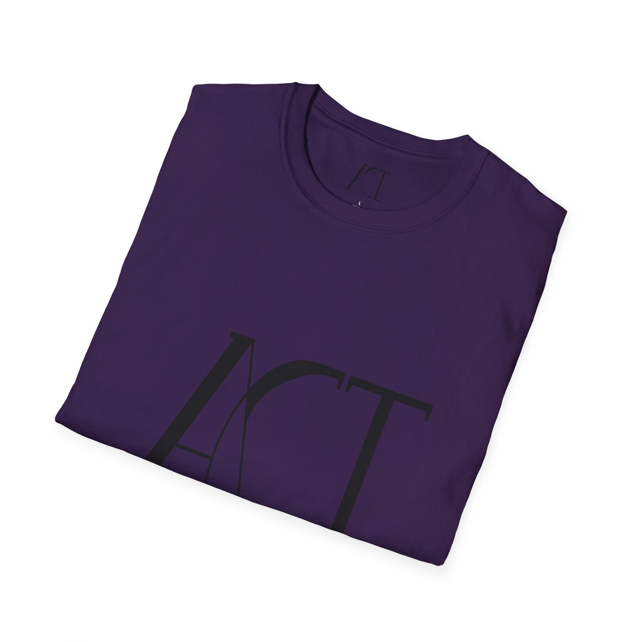 This is the Purple ACI T-Shirt that is folded and shows the front of the shirt. The size label and ACI logo printed on the inside of the shirt. The size label print is white whereas the logo is black. Also, the large printed ACI logo in black on the front of the shirt.