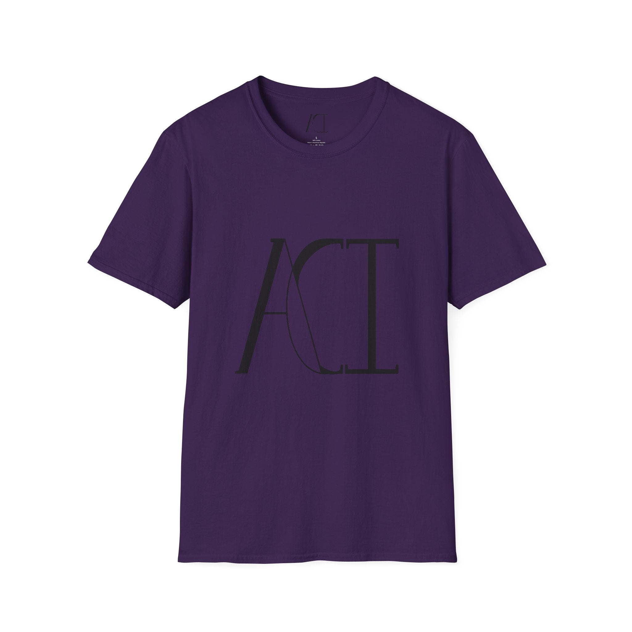 This is the Purple ACI T-Shirt that shows an image of the front. The size label and ACI logo printed on the inside of the shirt. The size label print is white whereas the logo is black. The middle of the shirt has a large printed ACI logo in black. The rest of the shirt is the same color that was specified.