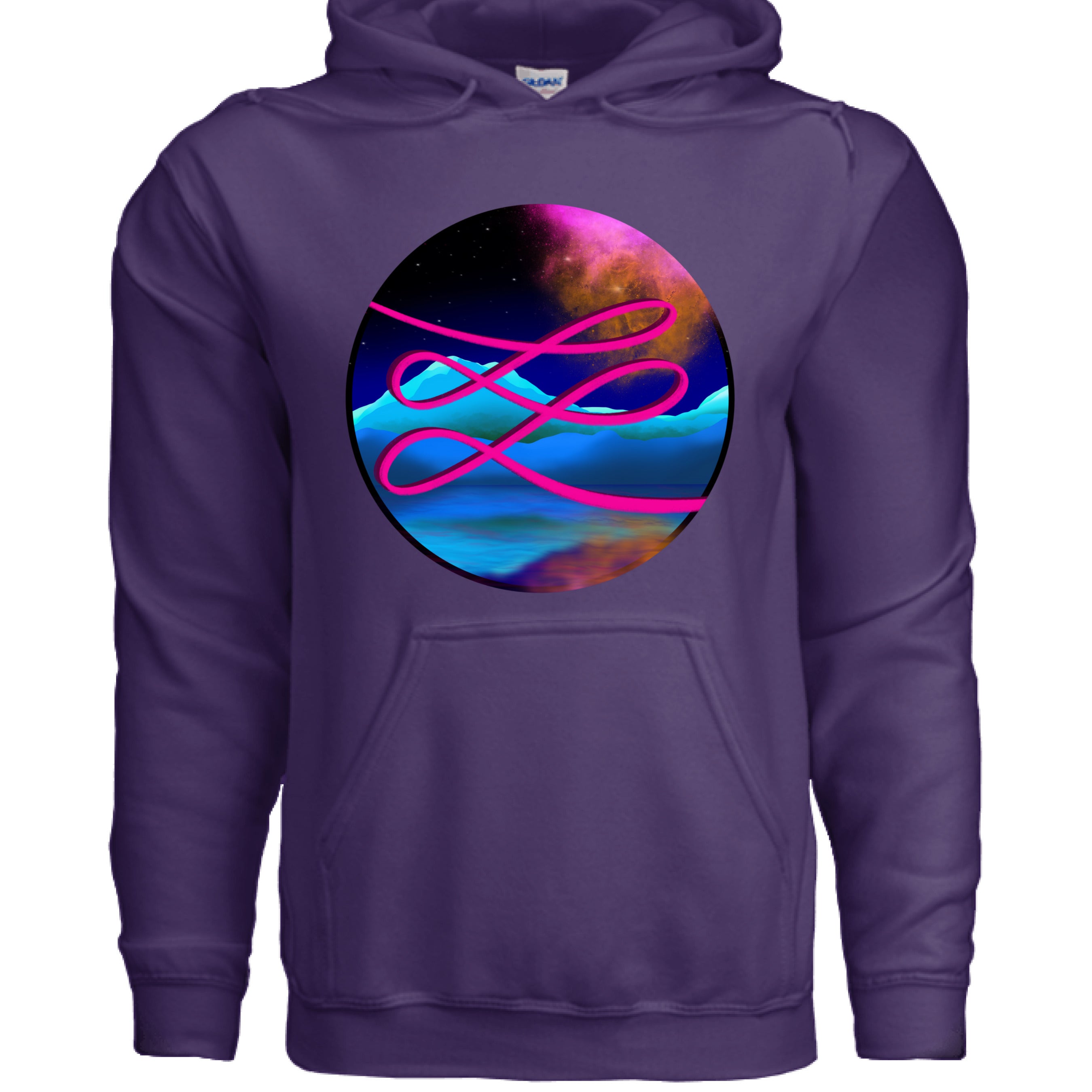 This is the Purple Calligraphers Swirl Hoodie by Lee Hansheng Studios. This is showcasing the front. The illustration is circular and has a neon pink handwritten lines across the whole art. The background is a cosmic drop with blue mountains, galaxy like sky with dark purple, pink and orange colors. There a huge pouch under the design and drawstrings on the hoodie. It is against a white background.