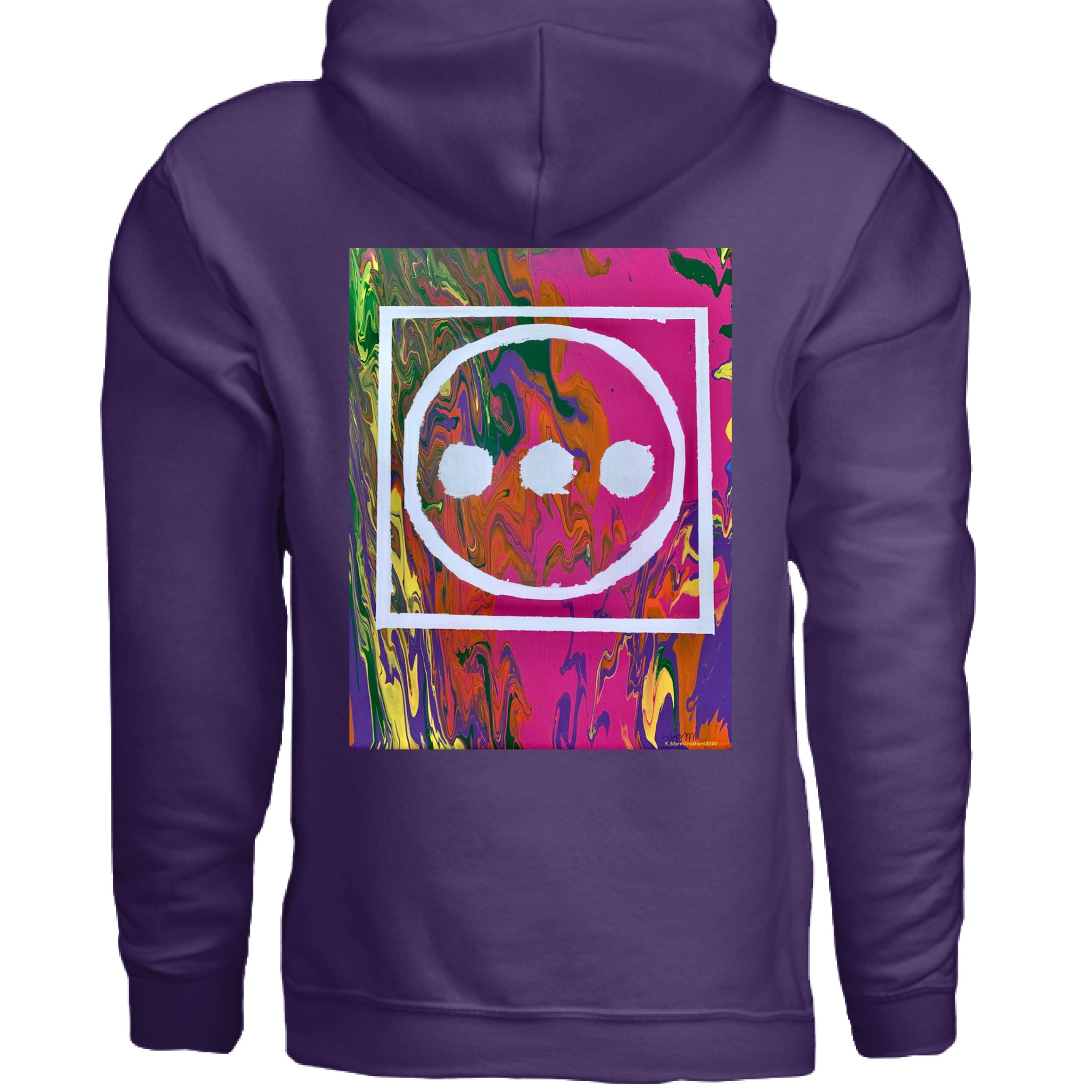This is the Purple High Hoodie by Storm Garden Studio. This image is showcasing the back of the hoodie. The illustration is vibrant with pink, orange, yellow, green and purple colors in the background with "...", outlined circle and outline square in white. There's a hood above the illustration and there's nothing below the illustration. It is against a white background. 