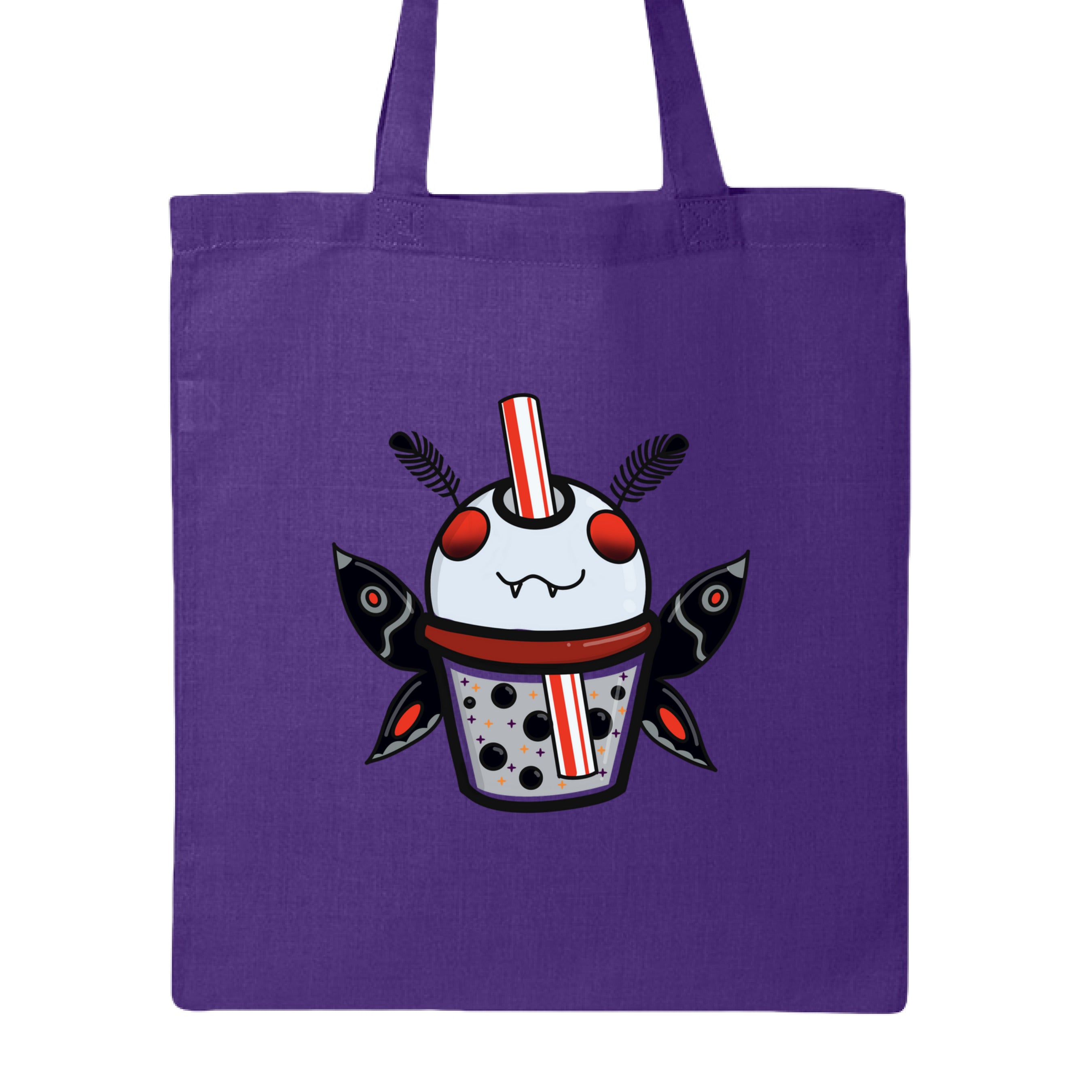 This is the Purple Mothman Boba Canvas Tote by Dazzle & Daggers Design. This is showcasing the front of the tote. There is an illustration of a moth boba that is gray, red eyes, inside the glass is gray with black boba, red dots, black, red, gray both wings and fluffly black antennas, red and white striped straw. It is against a white background.