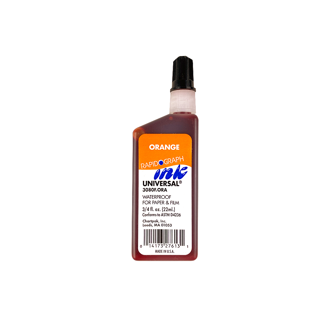 Bottle of 22ml (3/4 fl oz) of Rapidograph orange universal ink waterproof for paper and film. Has a black cap and is on a white background.
