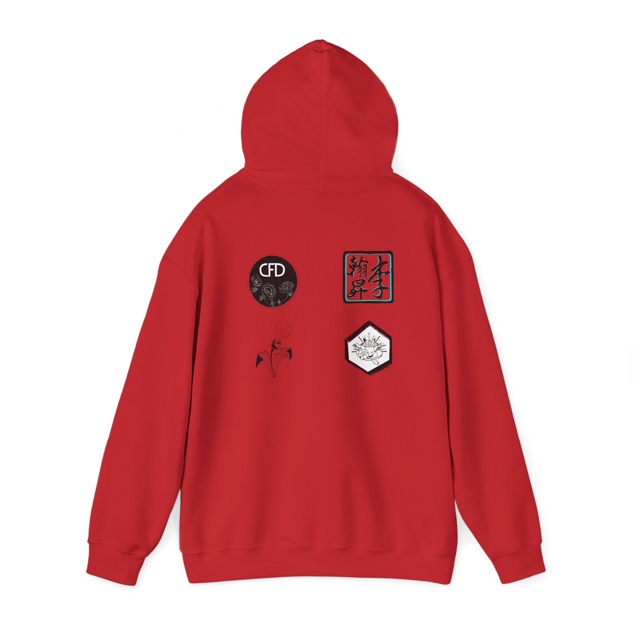 This is a Red ACI hoodie showcasing the back of it. The hood is lifted up and the four studios' logos are between the shoulder blades. The logos are printed in mostly white and black. There is some bright blue for one of the logos. The sleeves and end of the hoodie have stitching by the wrist and waist areas. The rest of the hoodie is the color red.