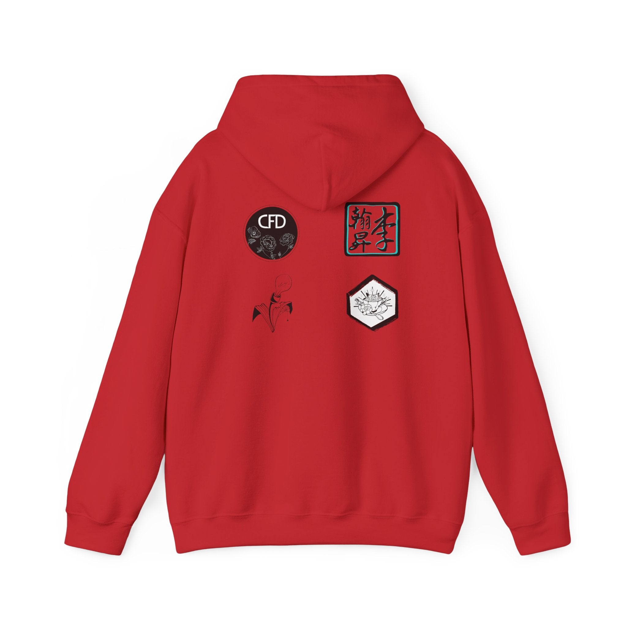 This is a Red ACI hoodie showcasing the back of it. The hood is not lifted up and the four studios' logos is right below the hood. The logos are printed in mostly black and white. There is one logo that is outlined in a bright blue. The sleeves and end of the hoodie have stitching by the wrist and waist areas. The rest of the hoodie is the color red.