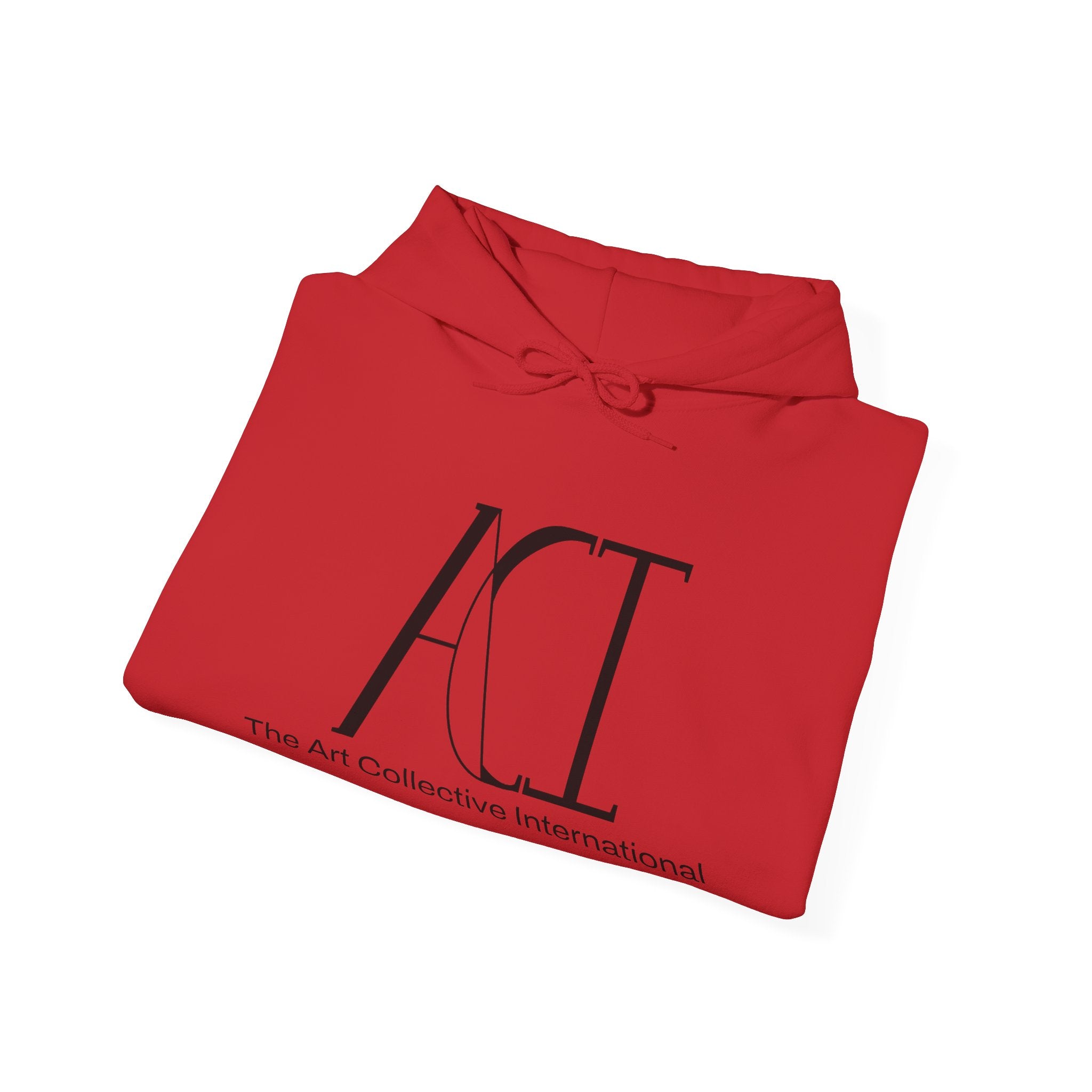 This is the Red ACI Hoodie that has been folded to show the front. The ACI logo is large and printed in black.  Right underneath the logo is "The Art Collective International" printed smaller and in black. The drawcord is tied in a bow and color matched to the rest of the hoodie.