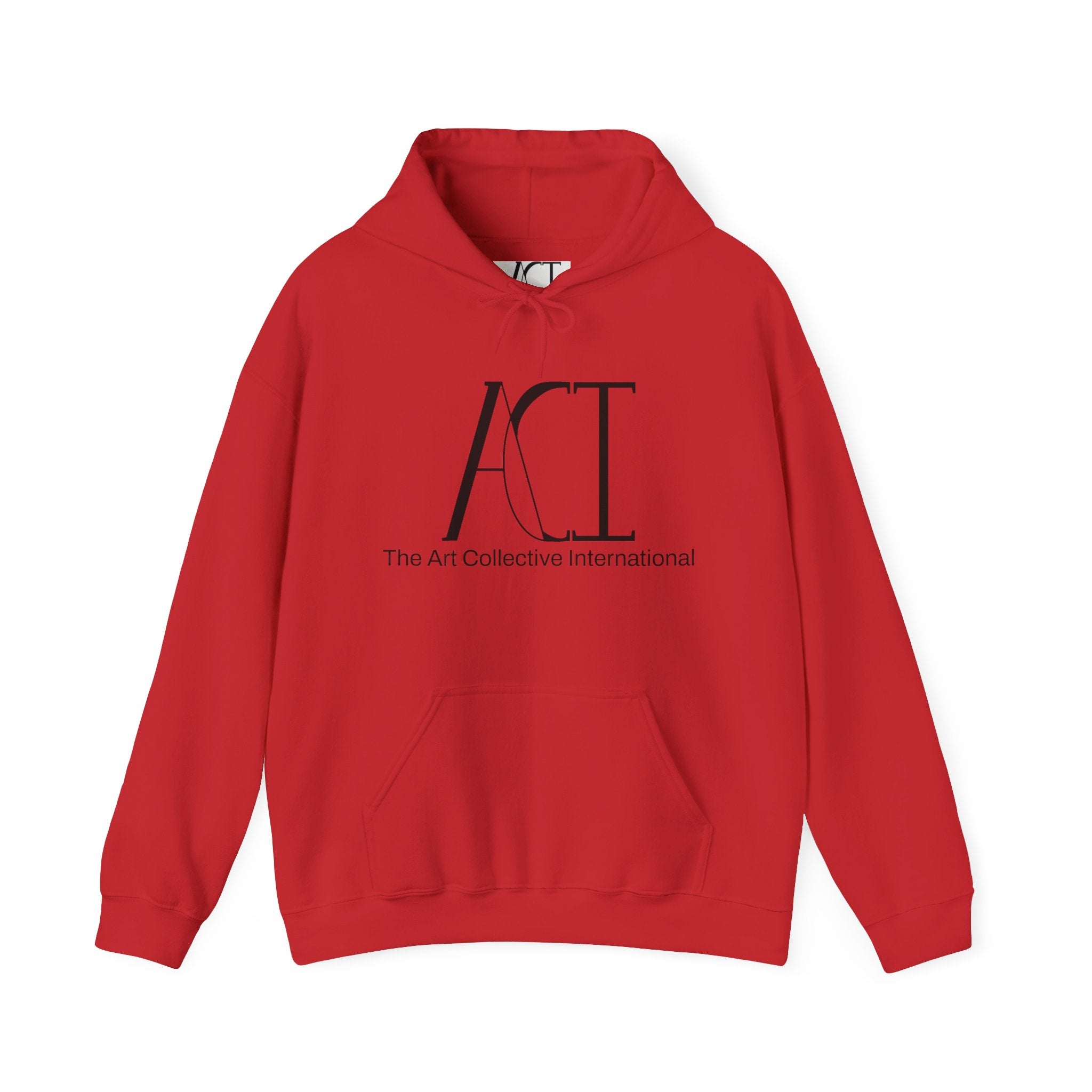 This is the Red ACI hoodie that showcases a large ACI logo printed in black near the top middle of the hoodie. Underneath the logo in back is, "The Art Collective International" in smaller print. It is a full picture of the front with the color-matched drawcord. The size label is white and printed on rather than a tag. The ACI logo is black on the size label. There is stitching by the wrists and waist areas. Also, a large pocket to place your arms in.