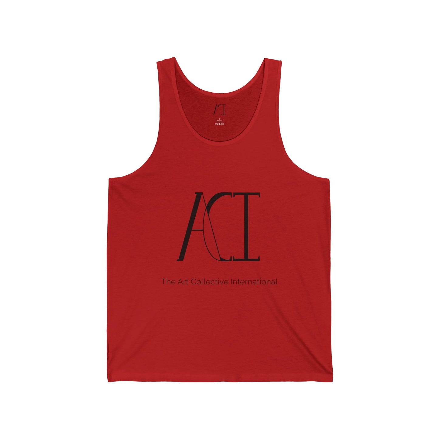 This is the Red ACI Tank showcasing the image from the front. The ACI logo and "The Art Collective International" printed in black at the middle of the tank. There is the size label printed in white and the ACI logo on the inside of the shirt. The tank is against a white background.
