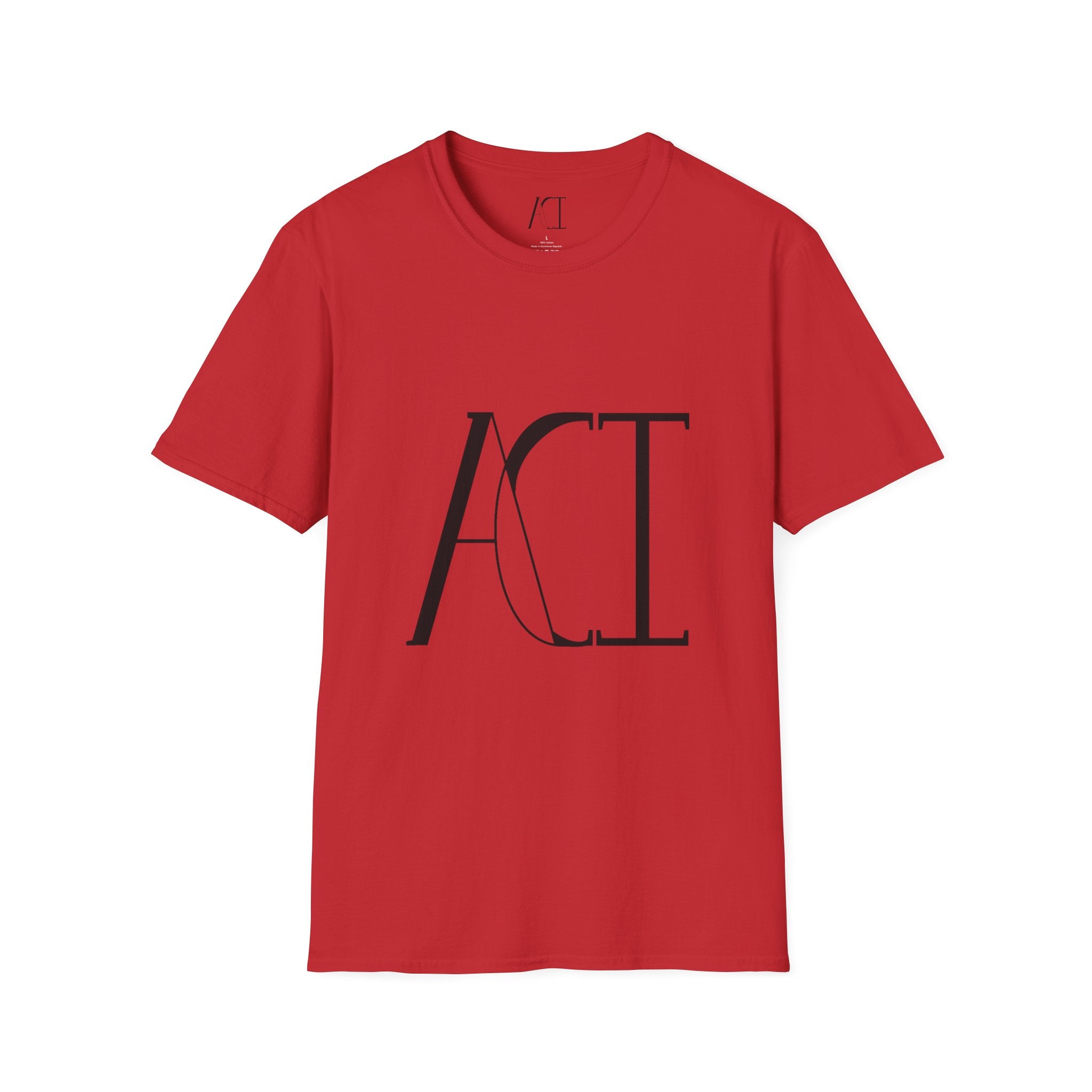 This is the Red ACI T-Shirt that shows an image of the front. The size label and ACI logo printed on the inside of the shirt. The size label print is white whereas the logo is black. The middle of the shirt has a large printed ACI logo in black. The rest of the shirt is the same color that was specified.