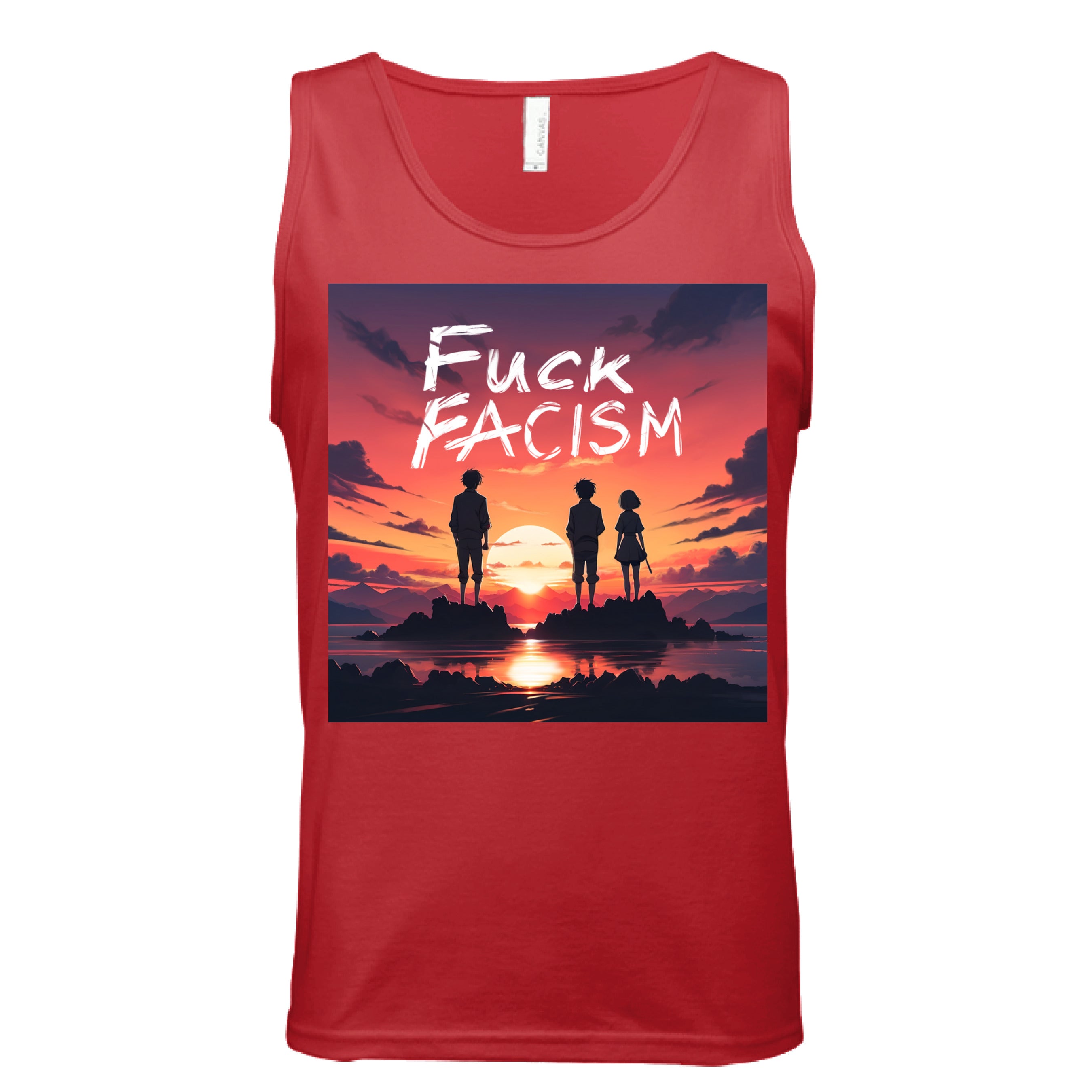 This is the Red Fuck Fascism Tank by Lee Hansheng Studios. This is showcasing the front of the tank. The illustration has a blazing yellow/red sunset sky, three figures, two guys, one lady stand united, their silhouettes facing towards the sunset on rocky land floating in the middle of the water. The words in white, "FUCK FACISM" near the top. Clouds surrounding the right and left of the tank. The white size label can be seen from the back of the tank. It is against a white background. 
