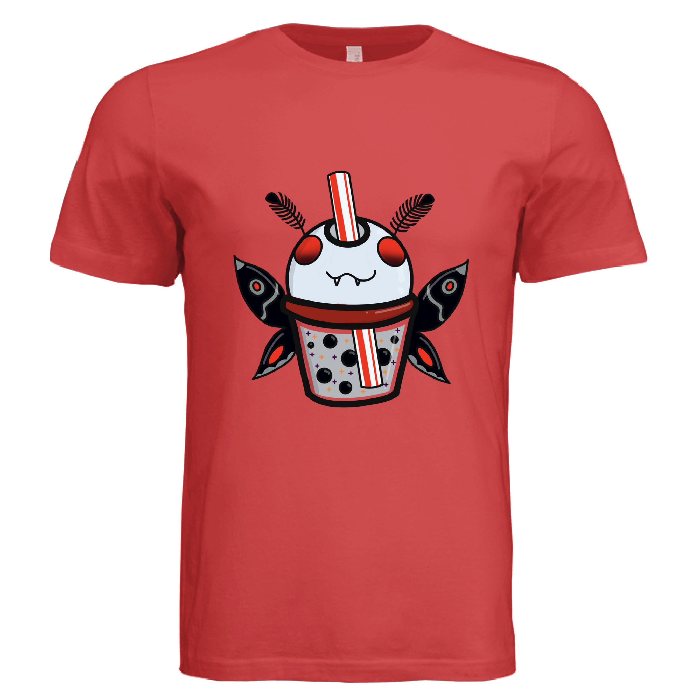 This is the Red Mothman Boba T-Shirt by Dazzle & Daggers Design. This is showcasing the front of the shirt. There is an illustration of a moth boba that is gray, red eyes, inside the glass is gray with black boba, red dots, black, red, gray both wings and fluffly black antennas, red and white striped straw. It is against a white background.