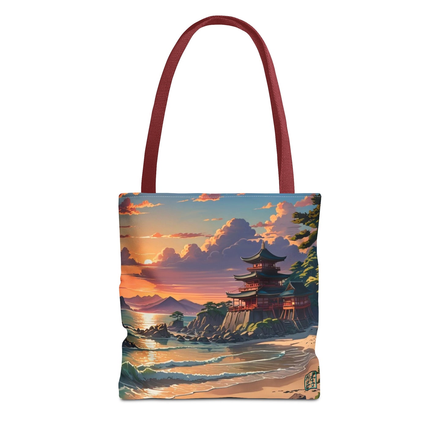 This is the Red 13" x 13" Temple of Peace All-over Print Tote Bag by Lee Hansheng Studios.The illustration shows a setting red/orange sun above clouds,two blue roof,brown/red walled temples on the right on top of the hills,mountains,blue/white waves into sand and a forest to the right.On the bottom right corner is the logo printed in black for the studio and outlined in blue. The tote is against a white background.