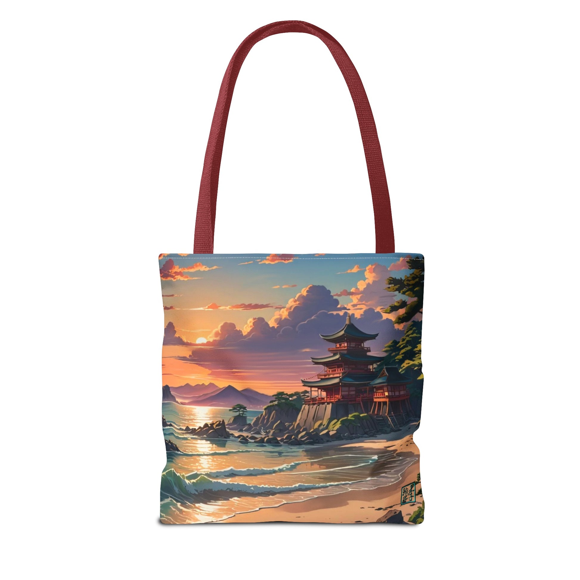 This is the Red 13" x 13" Temple of Peace All-over Print Tote Bag by Lee Hansheng Studios.The illustration shows a setting red/orange sun above clouds,two blue roof,brown/red walled temples on the right on top of the hills,mountains,blue/white waves into sand and a forest to the right.On the bottom right corner is the logo printed in black for the studio and outlined in blue. The tote is against a white background.