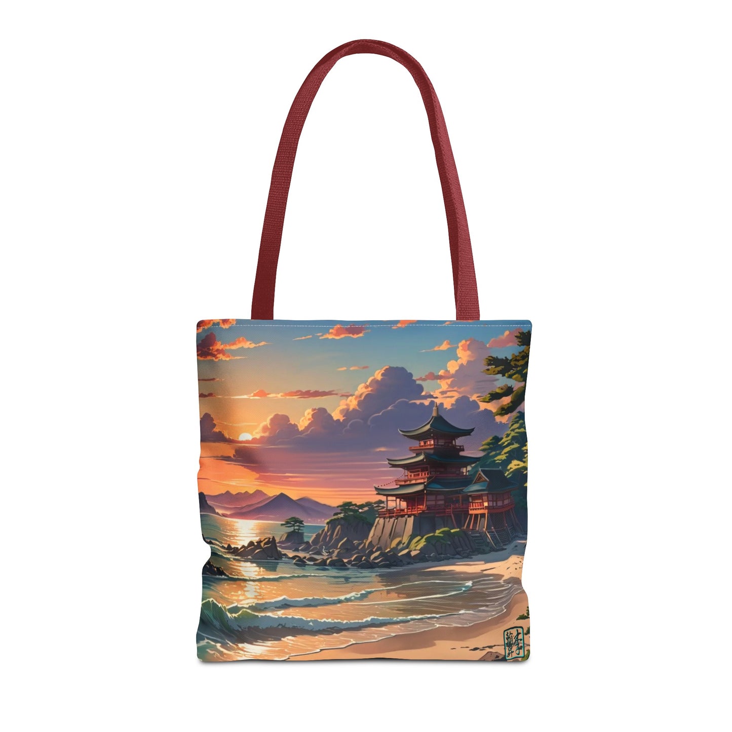 This is the Red 16" x 16" Temple of Peace All-over Print Tote Bag by Lee Hansheng Studios.The illustration shows a setting red/orange sun above clouds,two blue roof,brown/red walled temples on the right on top of the hills,mountains,blue/white waves into sand and a forest to the right.On the bottom right corner is the logo printed in black for the studio and outlined in blue. The tote is against a white background.