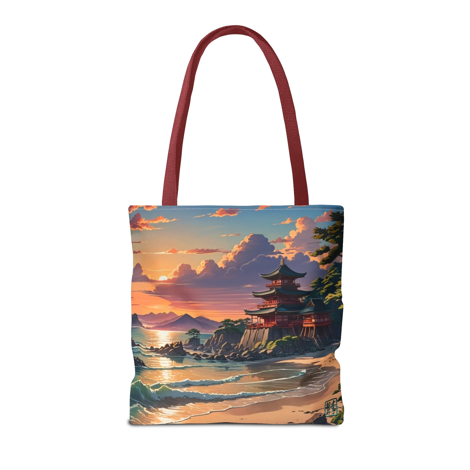 This is the Red 16" x 16" Temple of Peace All-over Print Tote Bag by Lee Hansheng Studios.The illustration shows a setting red/orange sun above clouds,two blue roof,brown/red walled temples on the right on top of the hills,mountains,blue/white waves into sand and a forest to the right.On the bottom right corner is the logo printed in black for the studio and outlined in blue. The tote is against a white background.